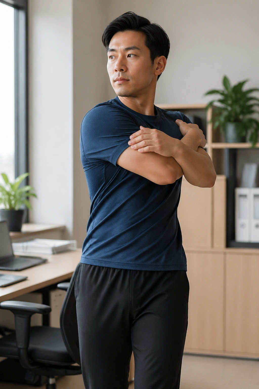Real person performing standing torso twists in an office