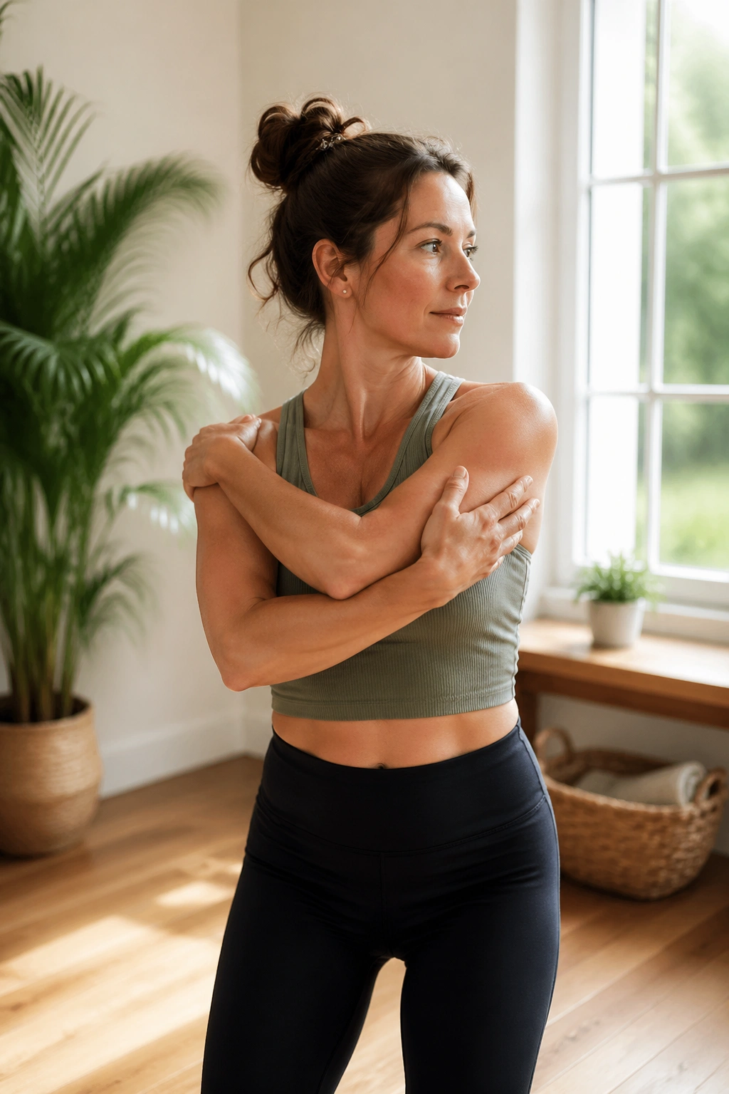 Medium close-up of a person performing a standing twist with soft knees in a sunlit living room