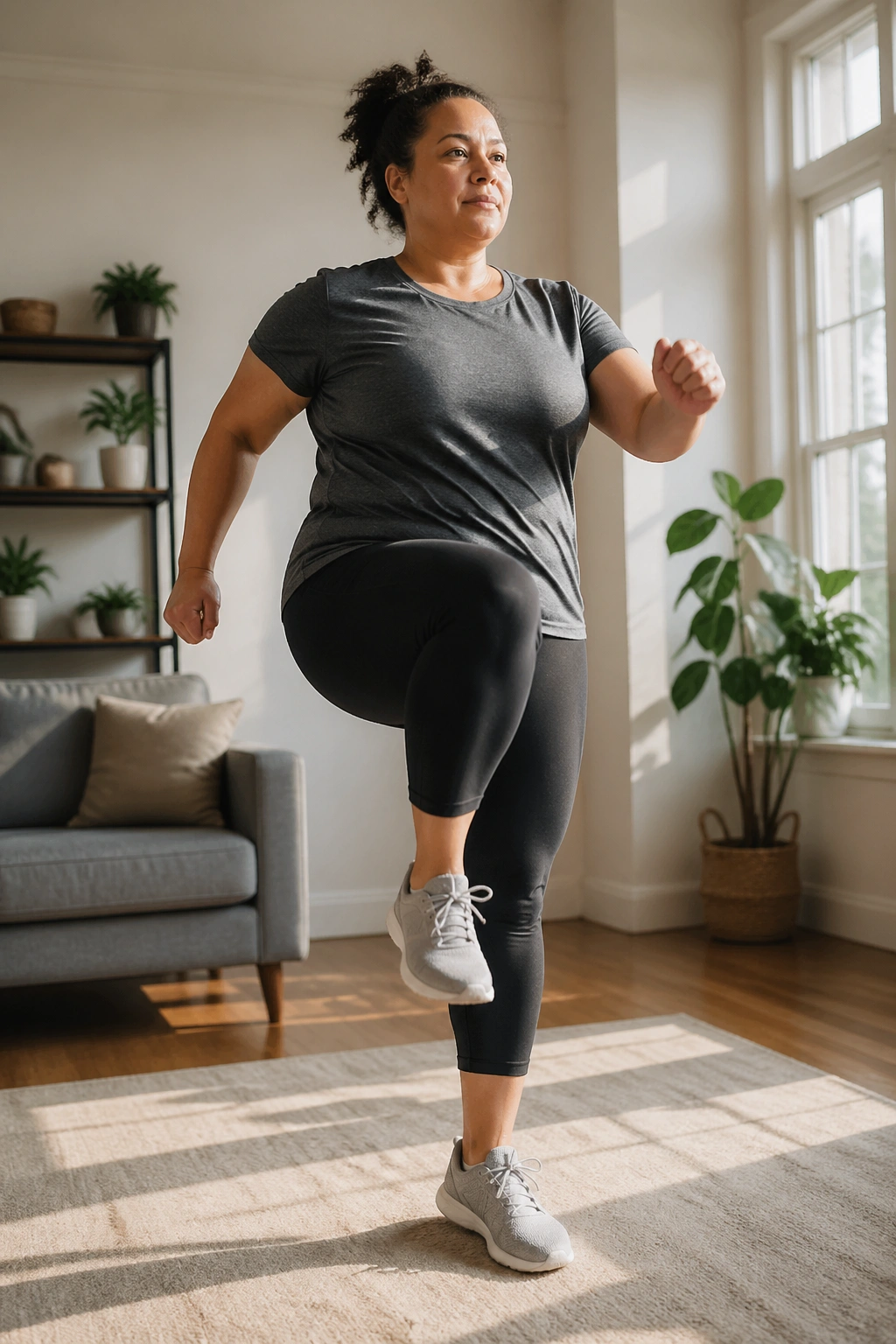 Person warming up in a home setting with marching and shoulder rolls