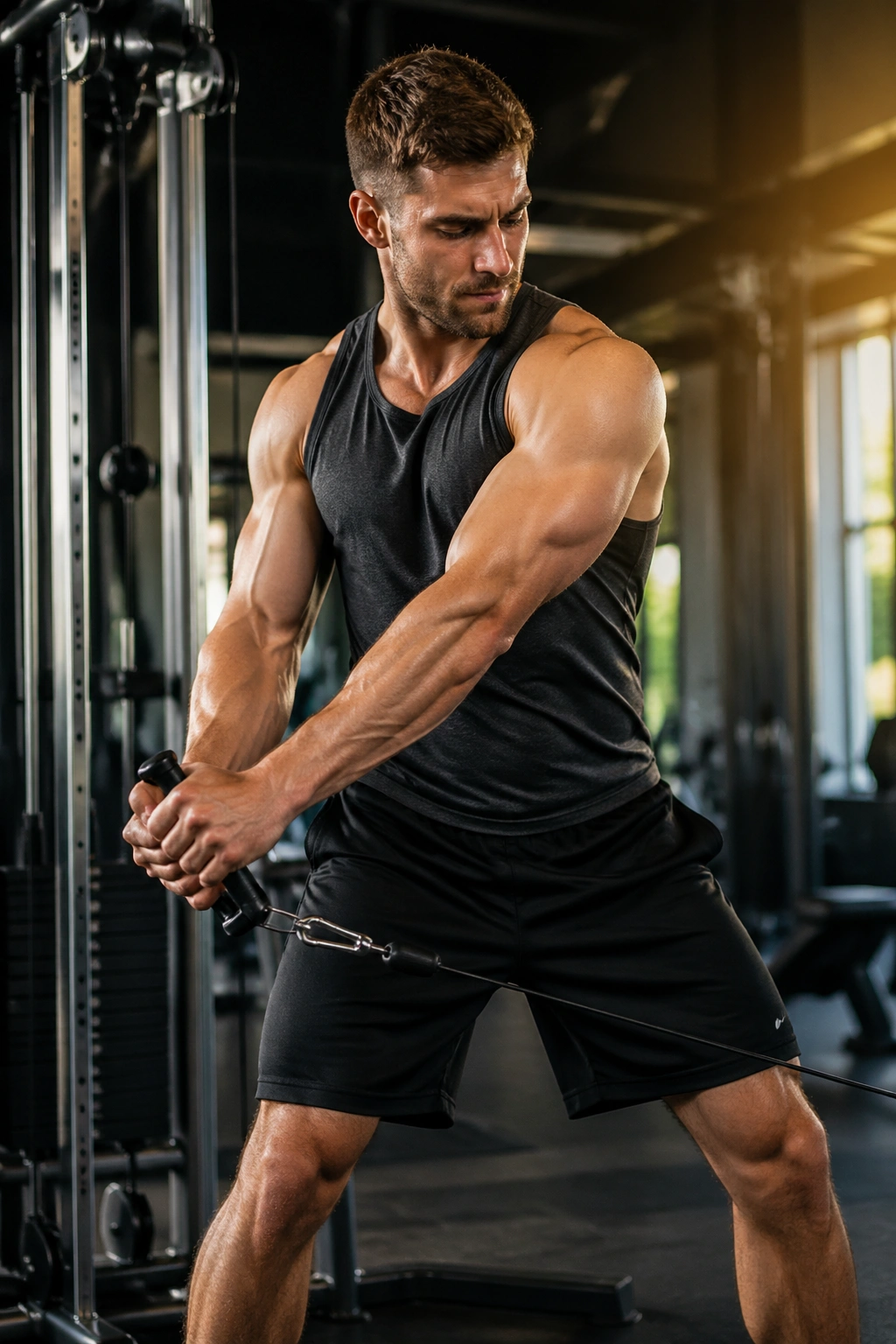 Close-up of a person performing standing wood chops in a gym, focusing on torso rotation and obliques
