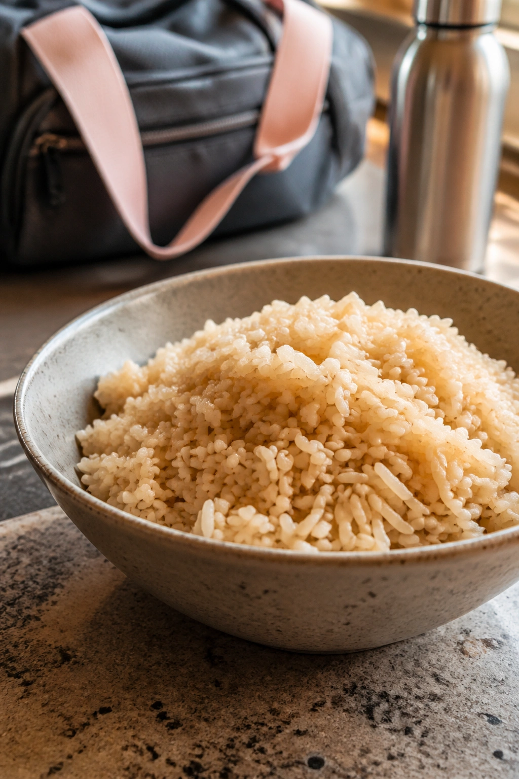 Close-up bowl of rice suggesting starch timing around workouts