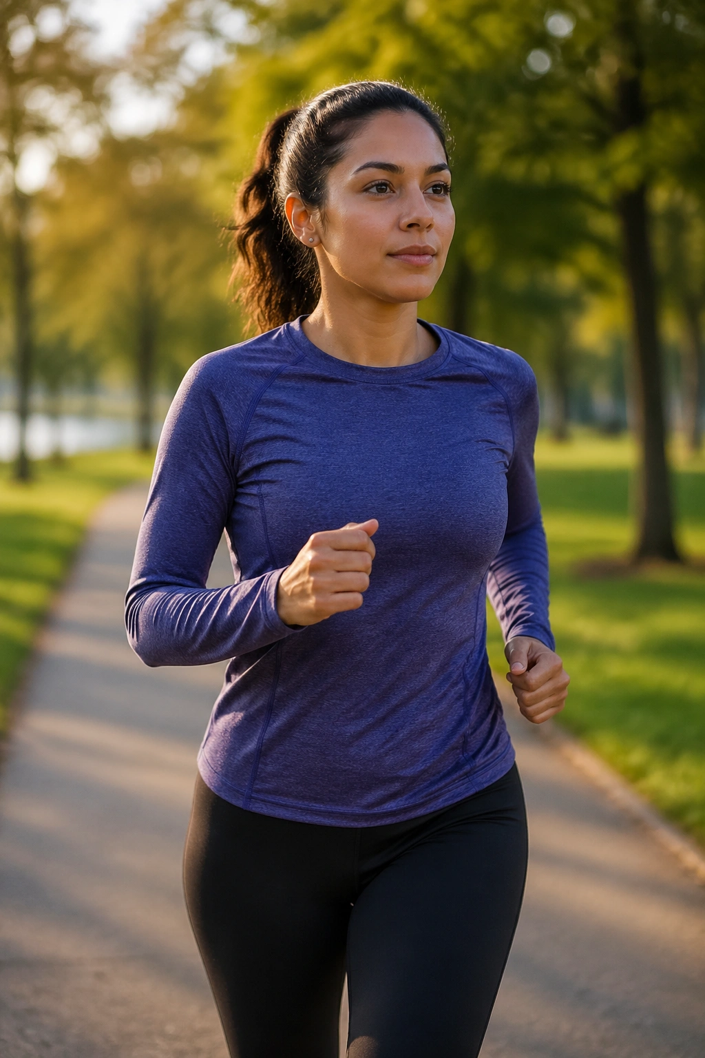 Person starting jog on park path in morning light