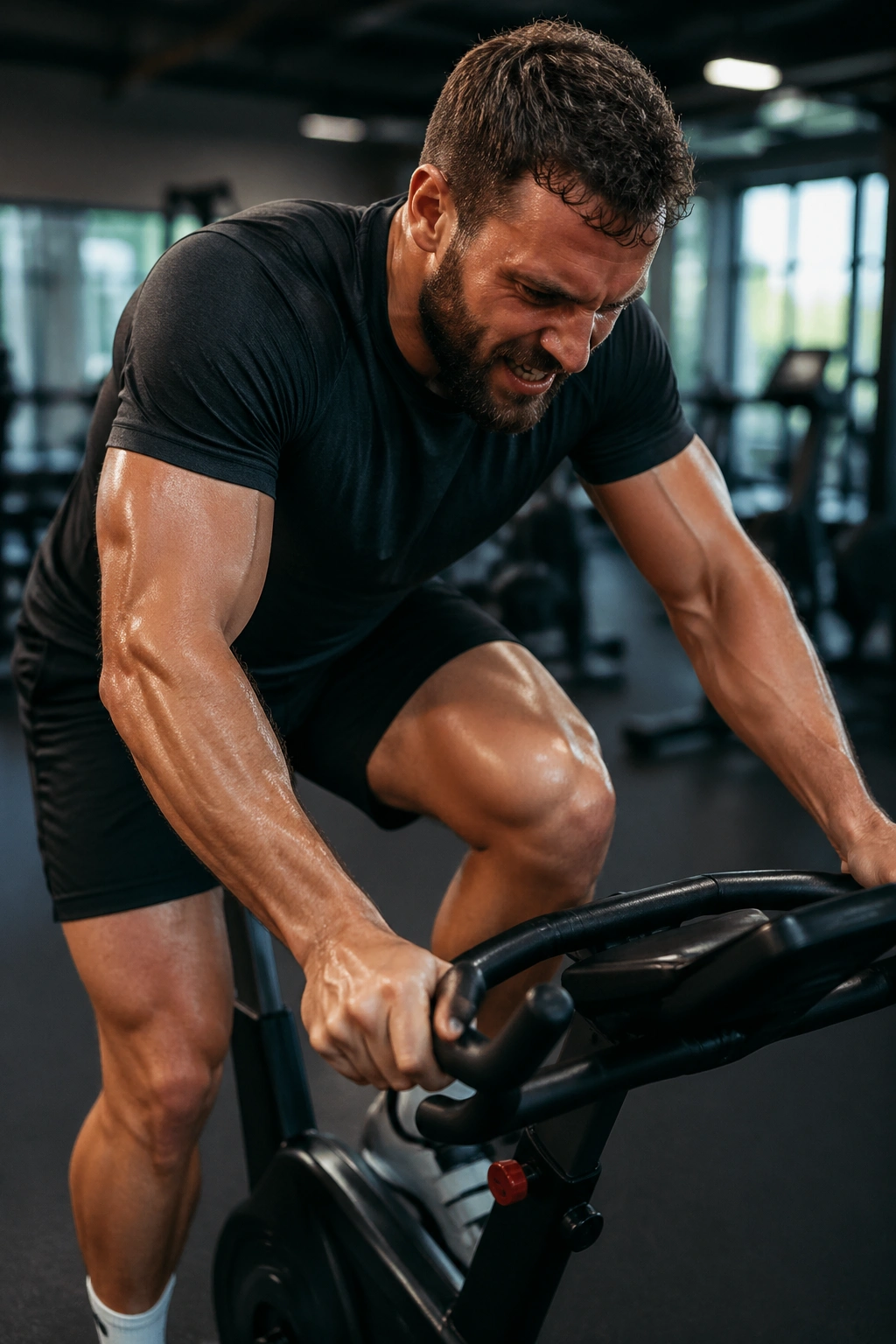 Medium close-up of a person sprinting on a stationary bike