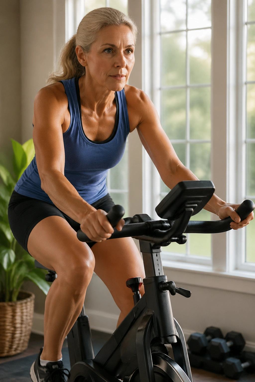 Real person on a stationary bike performing intervals in a bright home gym