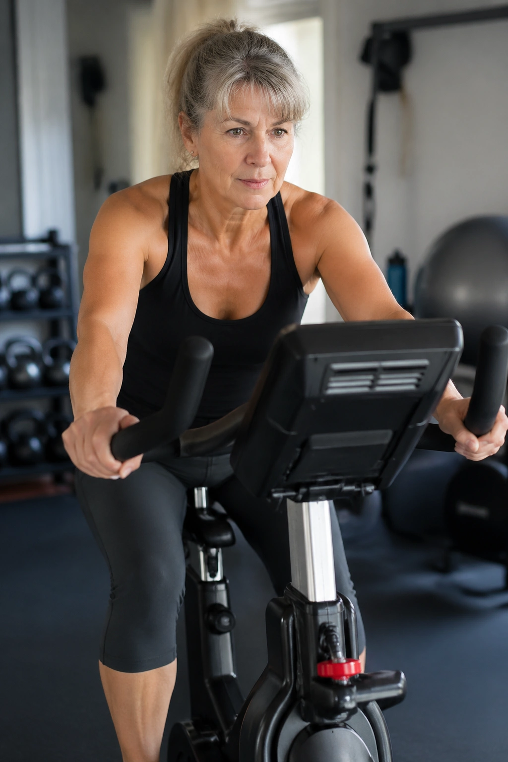 Older woman on a stationary bike during an interval workout.