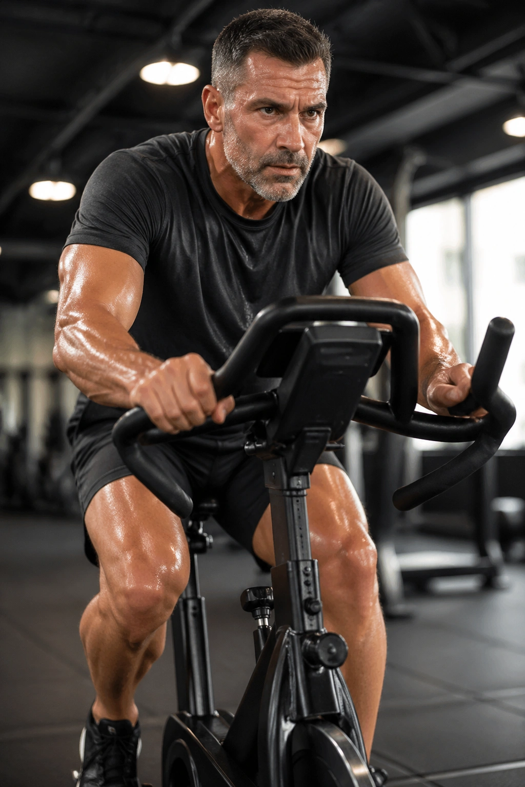 Close-up of a person pedaling hard on a stationary bike in a gym