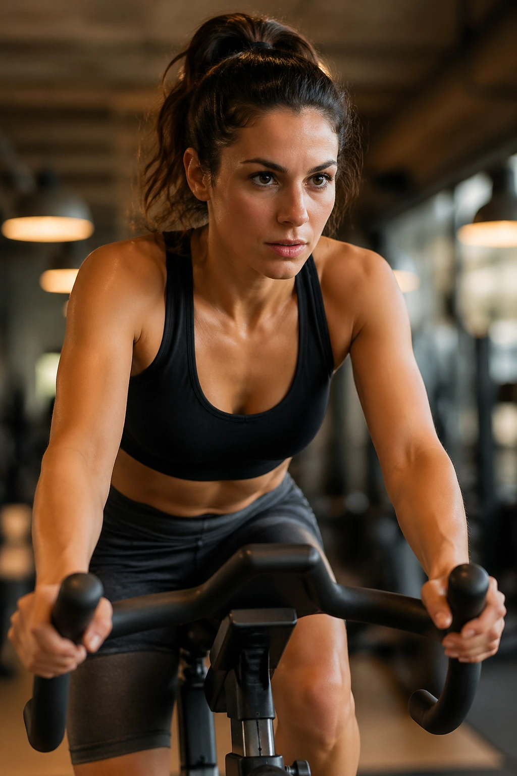 Person on stationary bike performing cardio intervals in gym