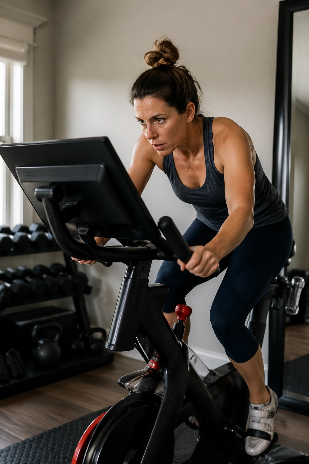 Person cycling on a stationary bike during interval training in a home gym