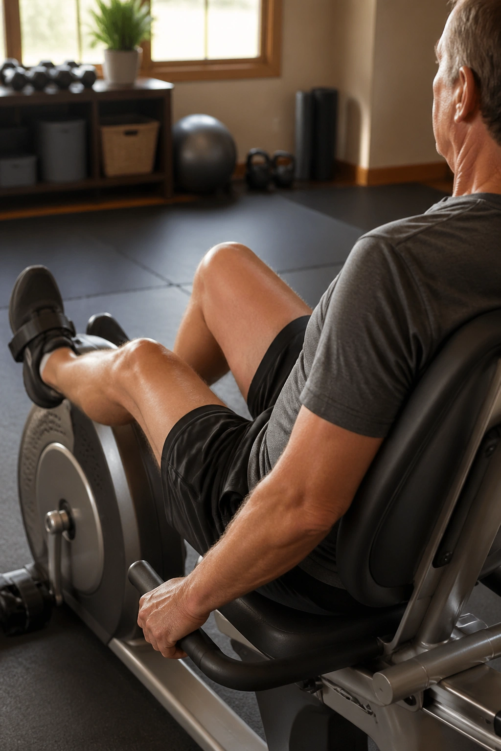 Person on a recumbent stationary bike pedaling with gentle effort.