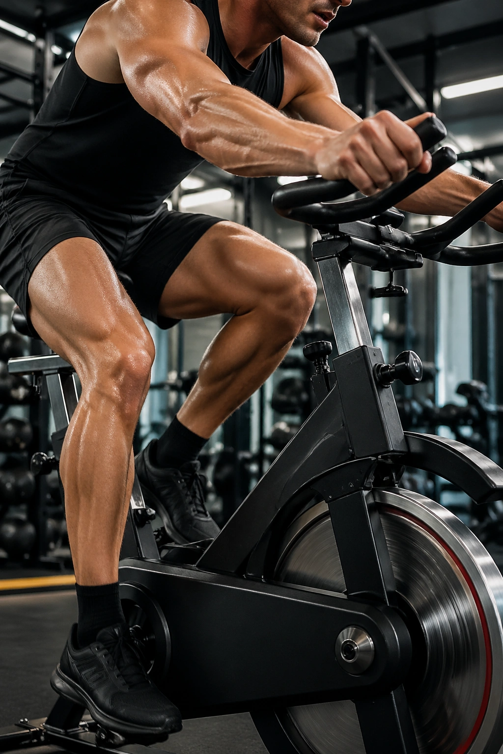 Athlete on stationary bike during Tabata session in a gym