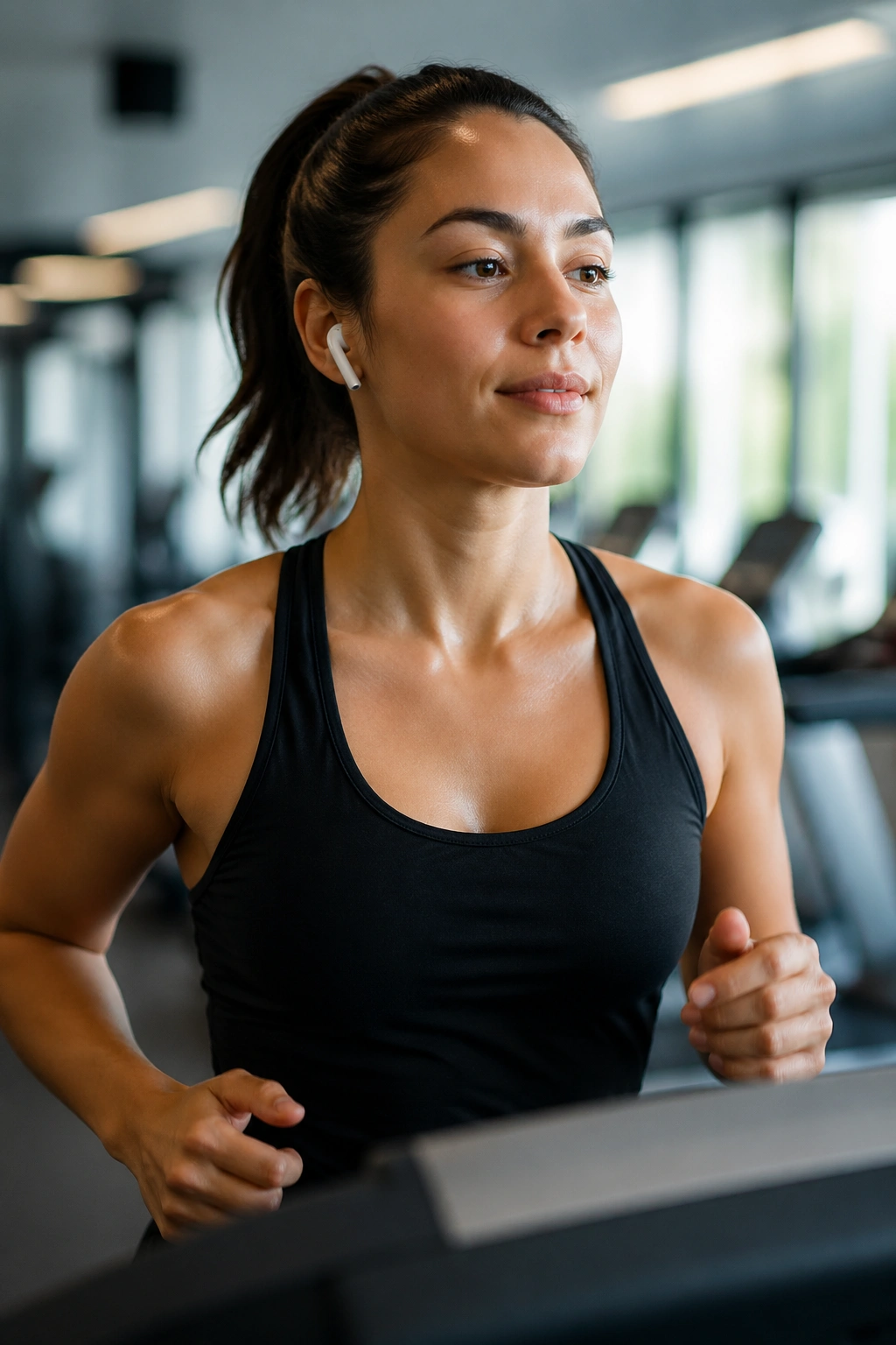 Close-up of a person jogging on a treadmill in a gym