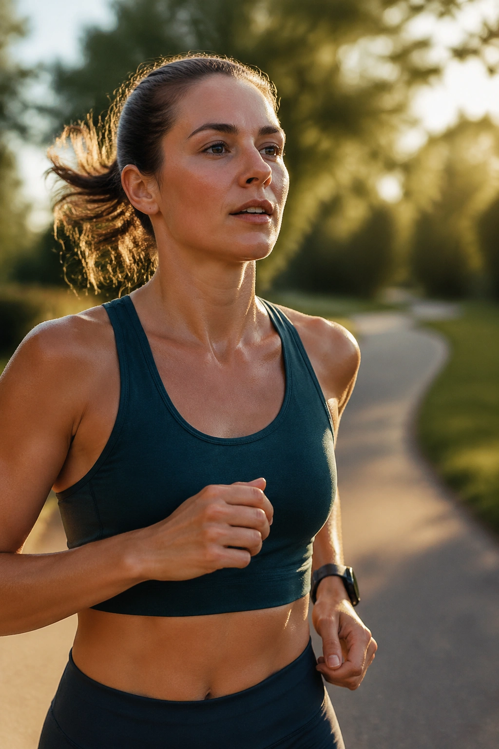 Runner maintaining steady-state cardio pace on a park loop