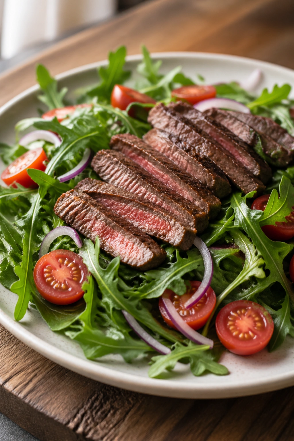 Close-up of steak and arugula salad with tomatoes and red onion on a plate