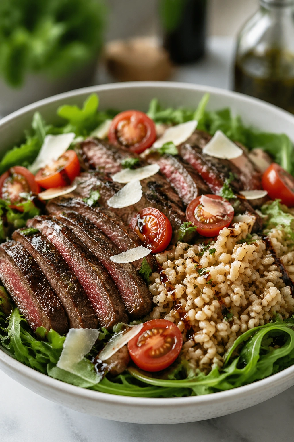 Steak and rice salad with arugula and tomatoes