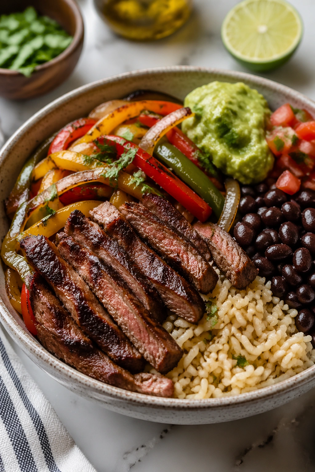 Steak fajita bowl with peppers and rice in a kitchen