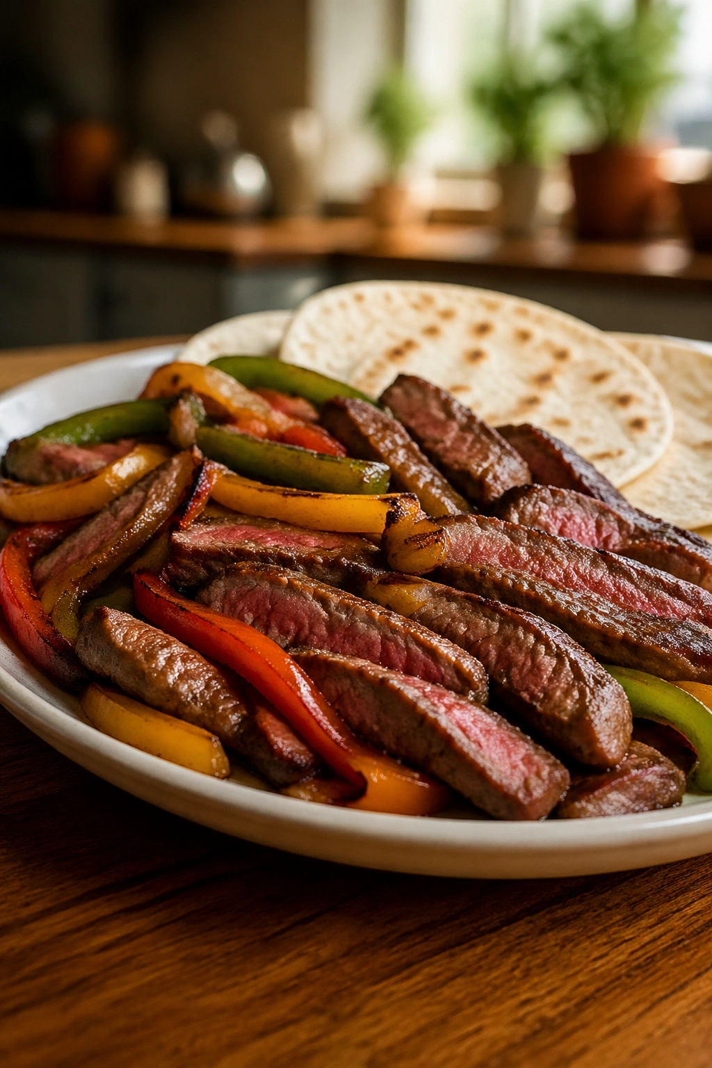 Steak fajita plate with peppers and tortillas
