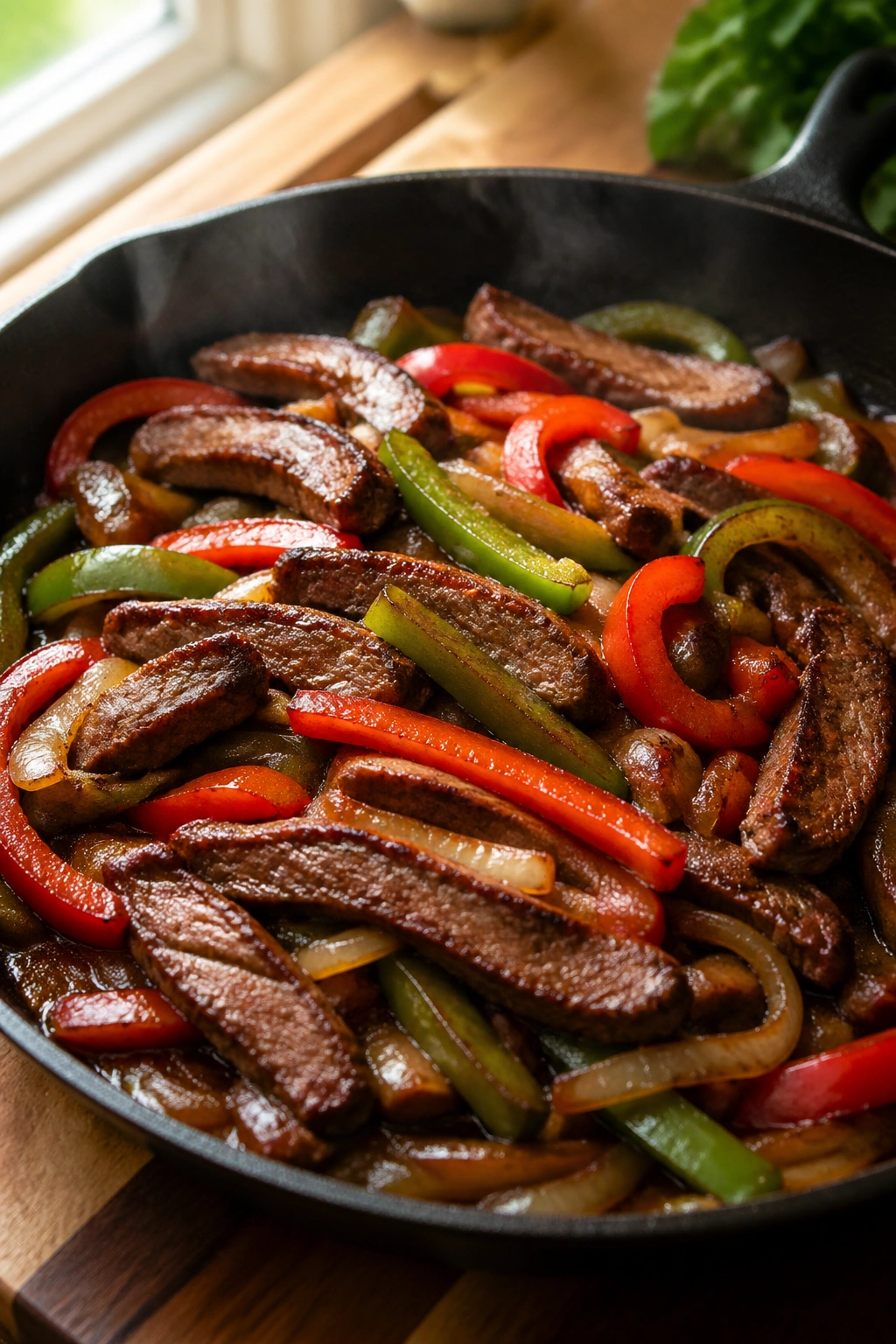Close-up of steak fajitas in a cast-iron skillet on a wooden kitchen counter