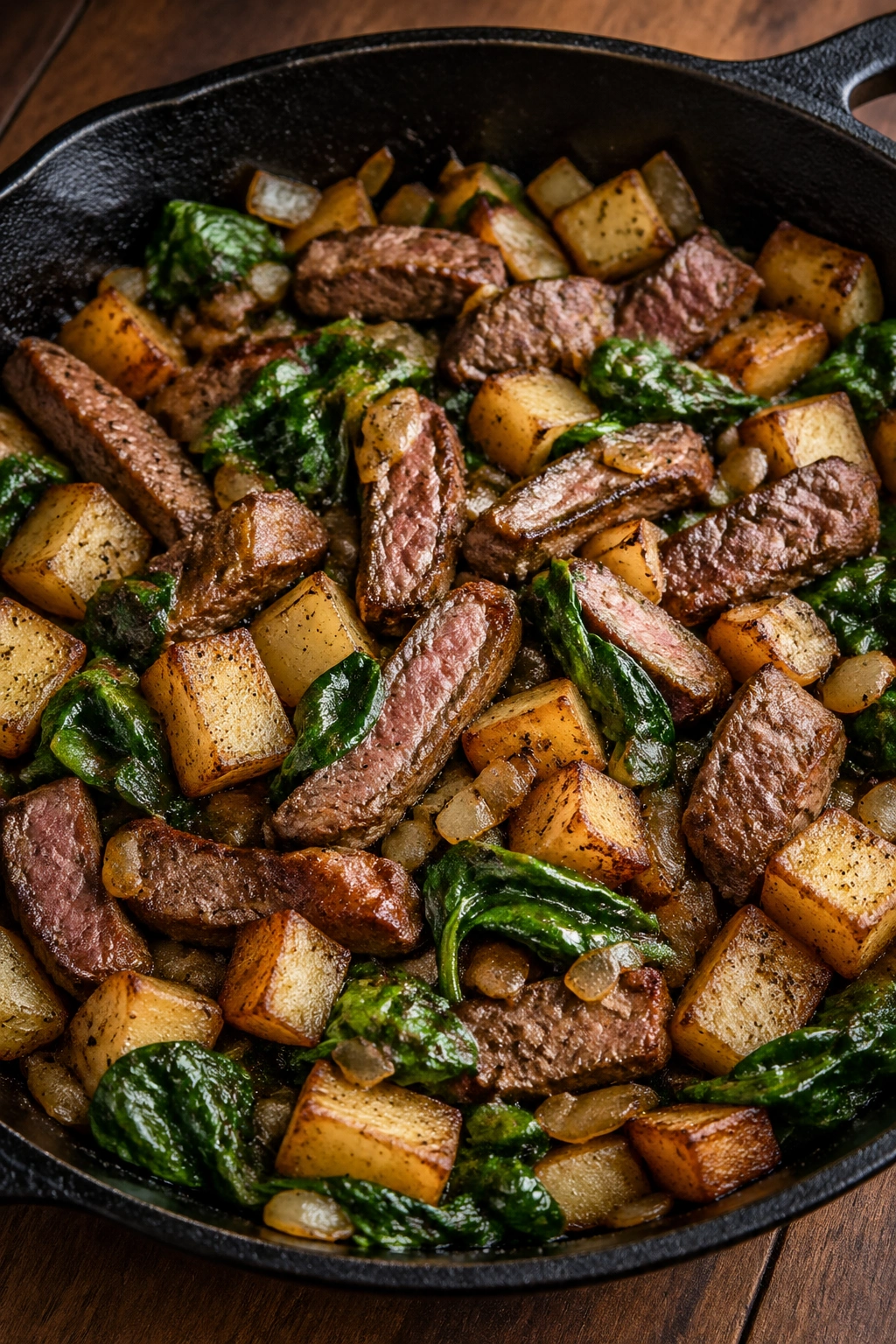 Skillet hash with steak, potatoes, and spinach.