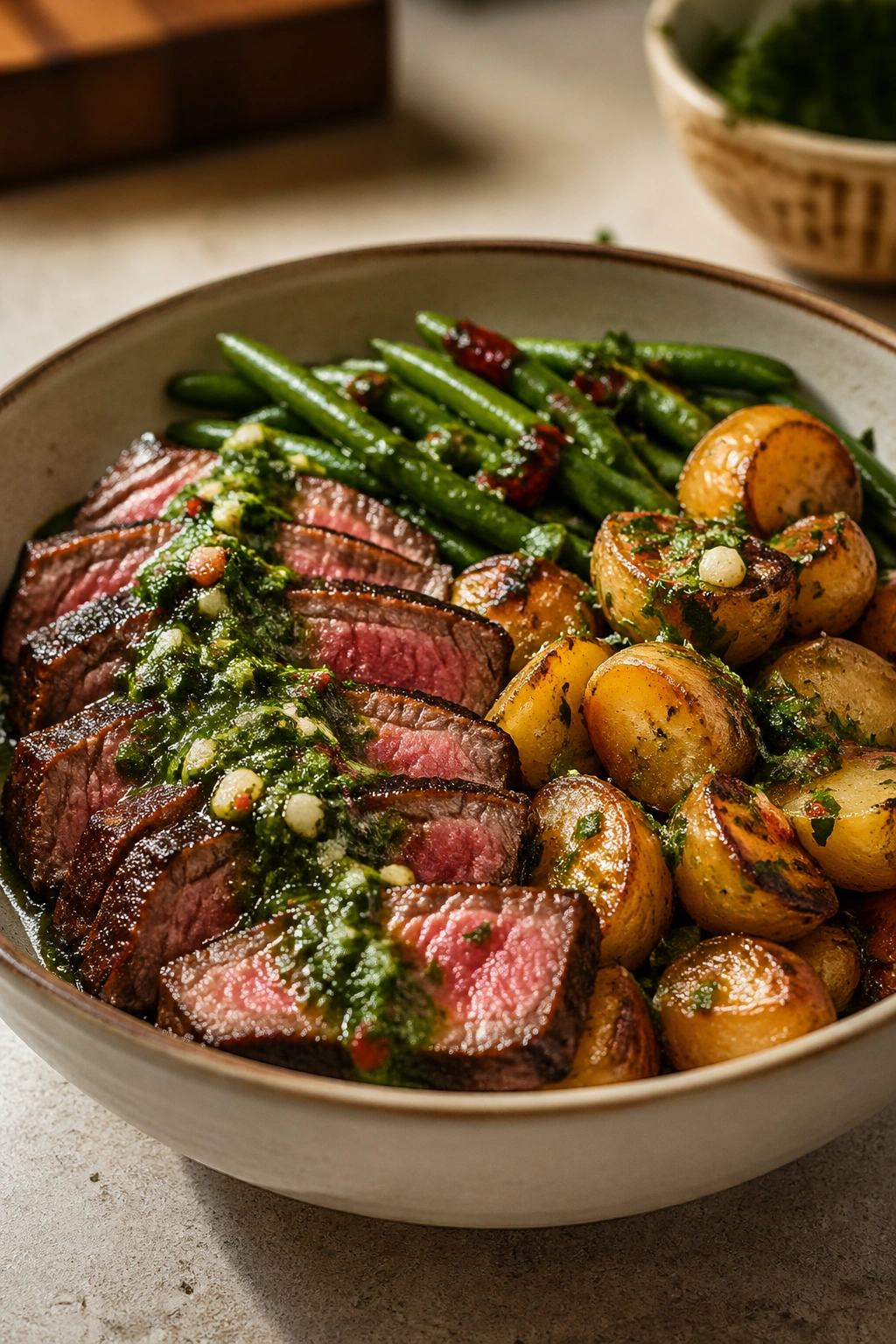Close-up of Steak and Potato Bowl with steak, potatoes, and greens