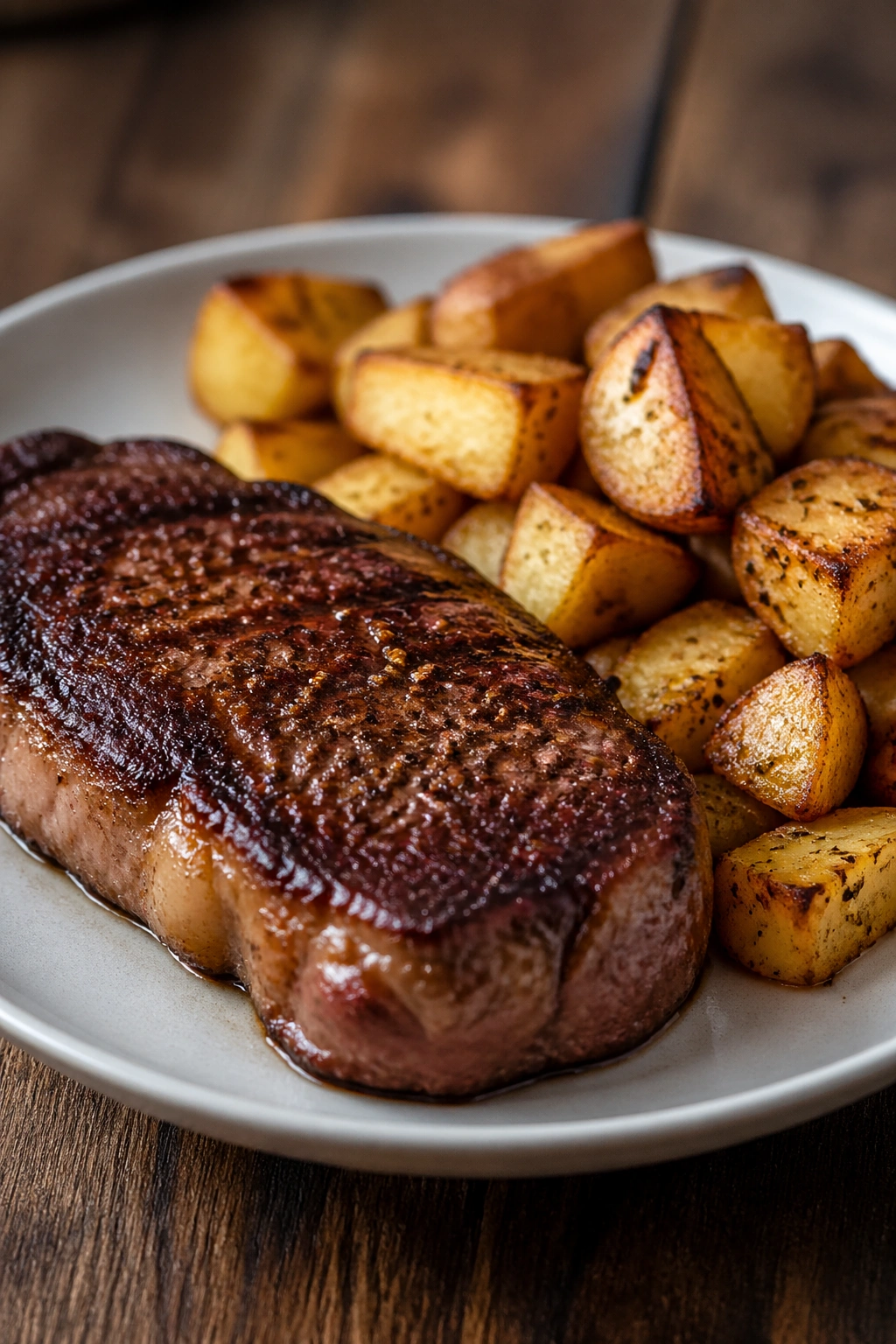Close-up of steak and roasted potatoes on a rustic table