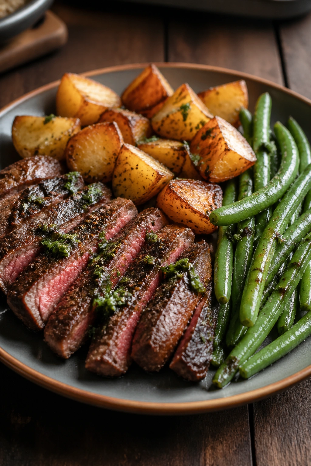 Plate of steak potatoes and green beans on dark wood table