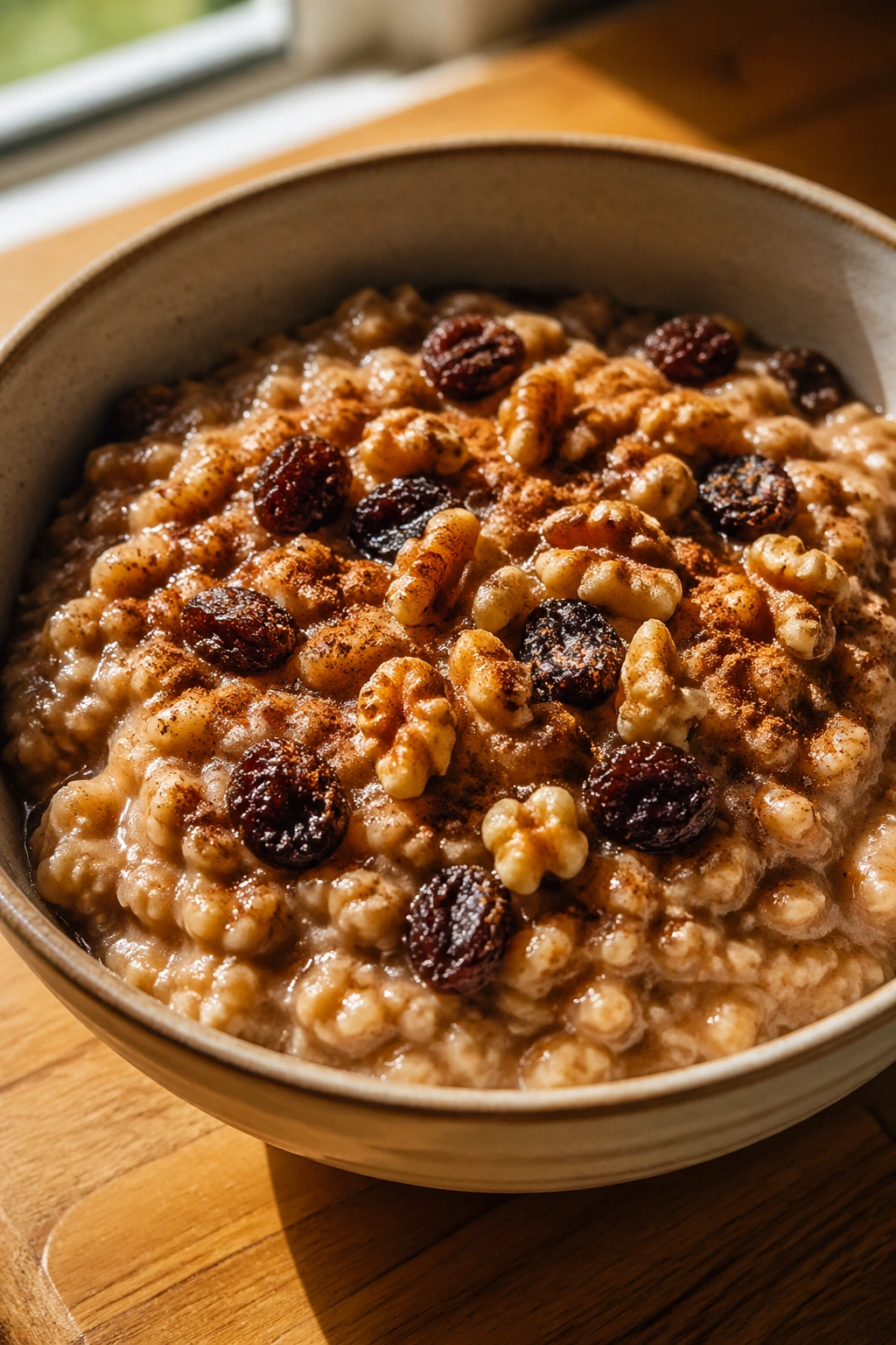 Close-up of a bowl of cinnamon raisin walnut steel-cut oats on a warm kitchen counter