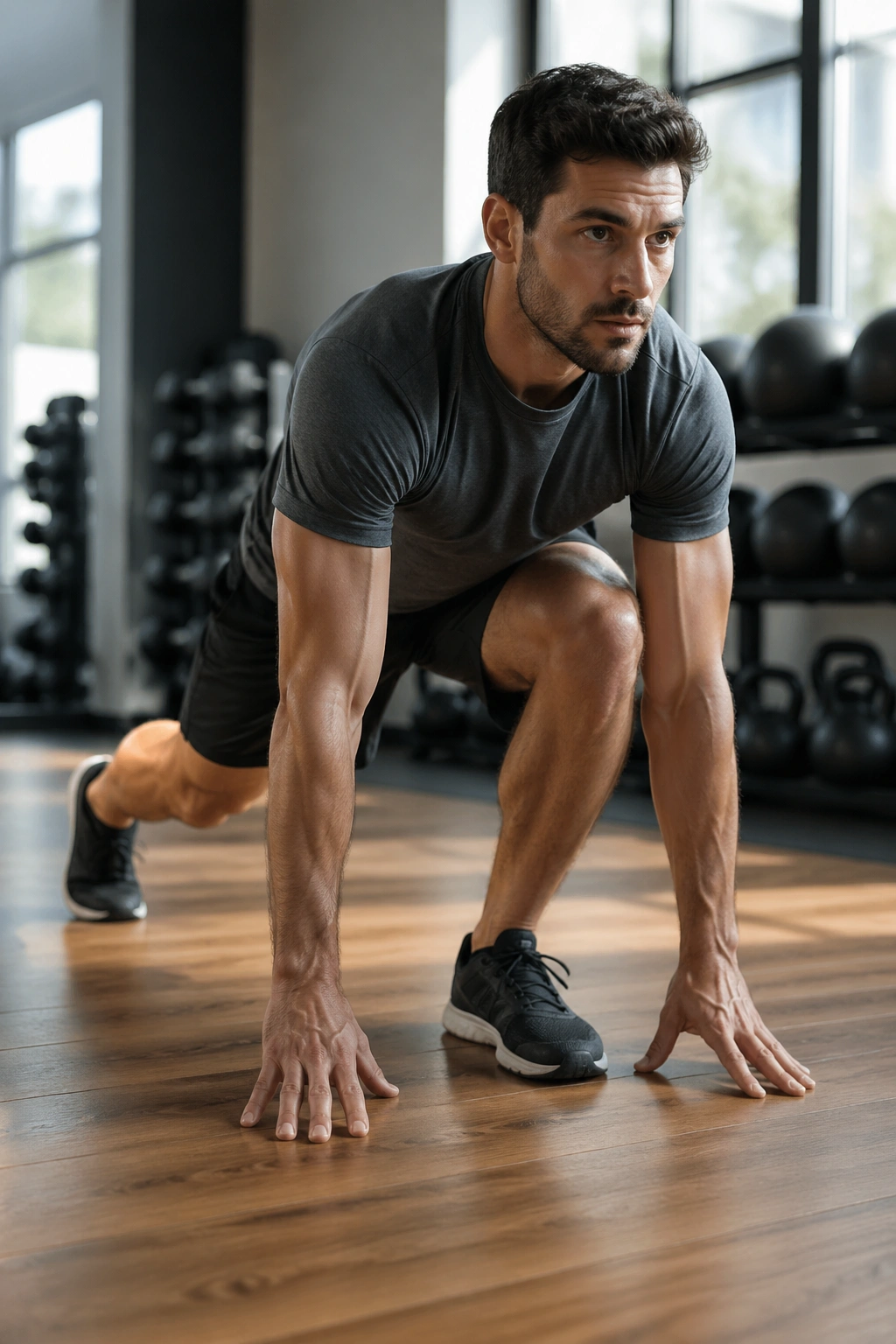 Close-up of a person performing a step-back burpee in a bright gym