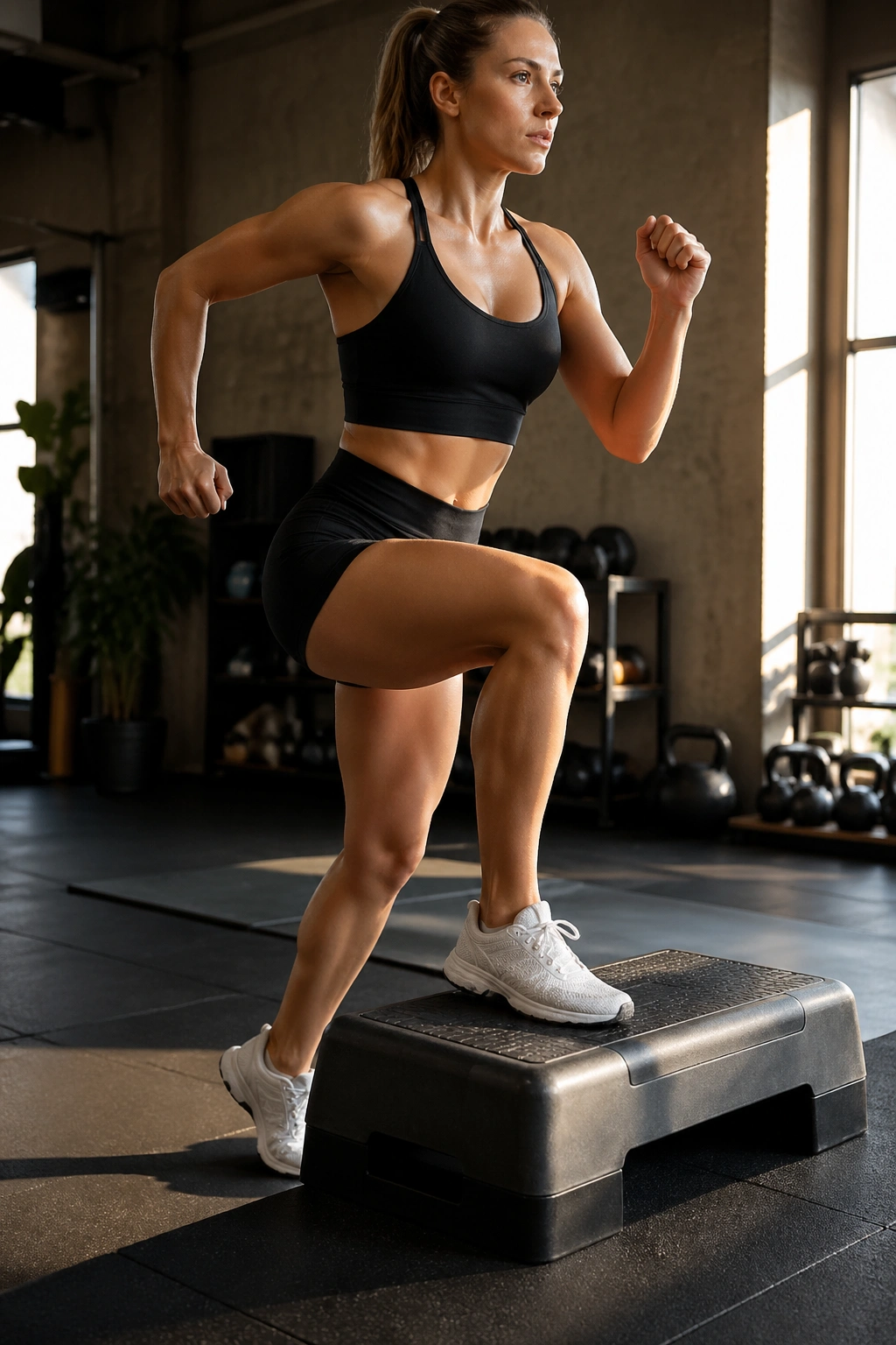 Close-up of a fit person performing a step-up on a bench during aerobic interval training in a gym