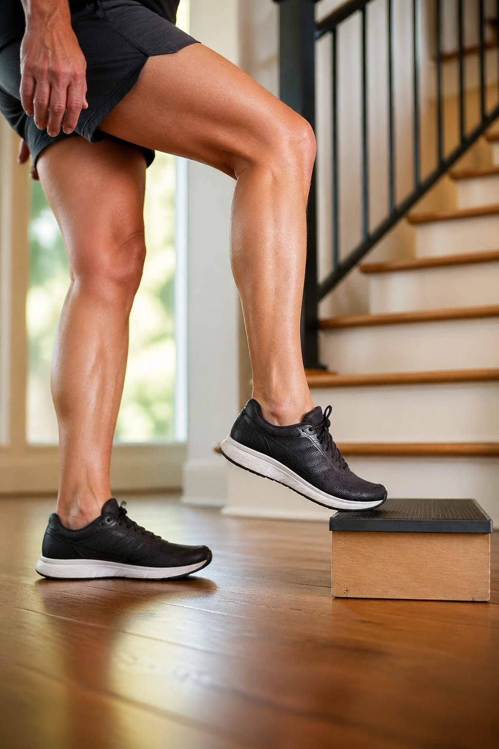Close-up of a person performing step taps on a small stair, knee aligned over the foot.