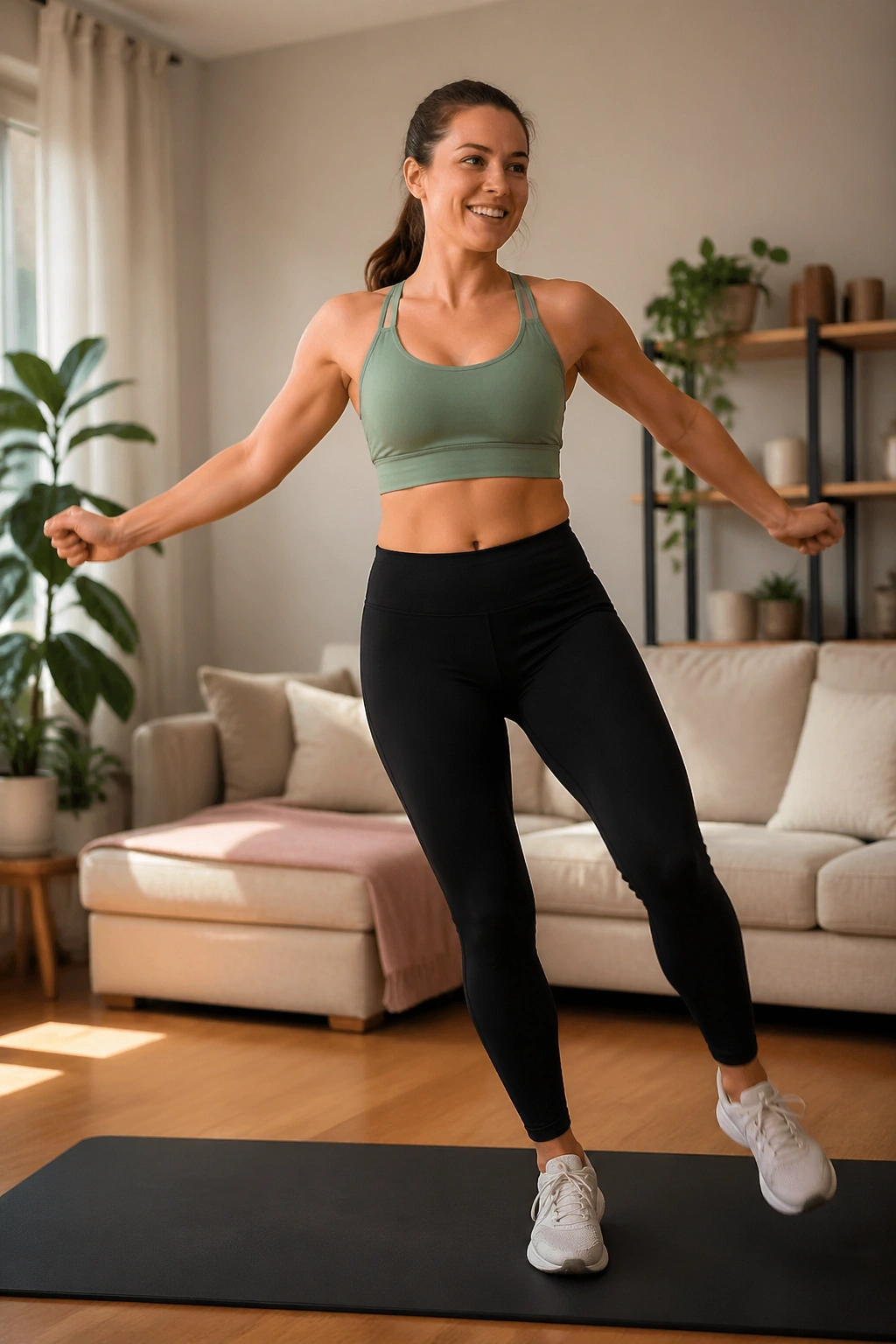 Mid-shot of a person performing step-touch cardio with arm swings in a living room