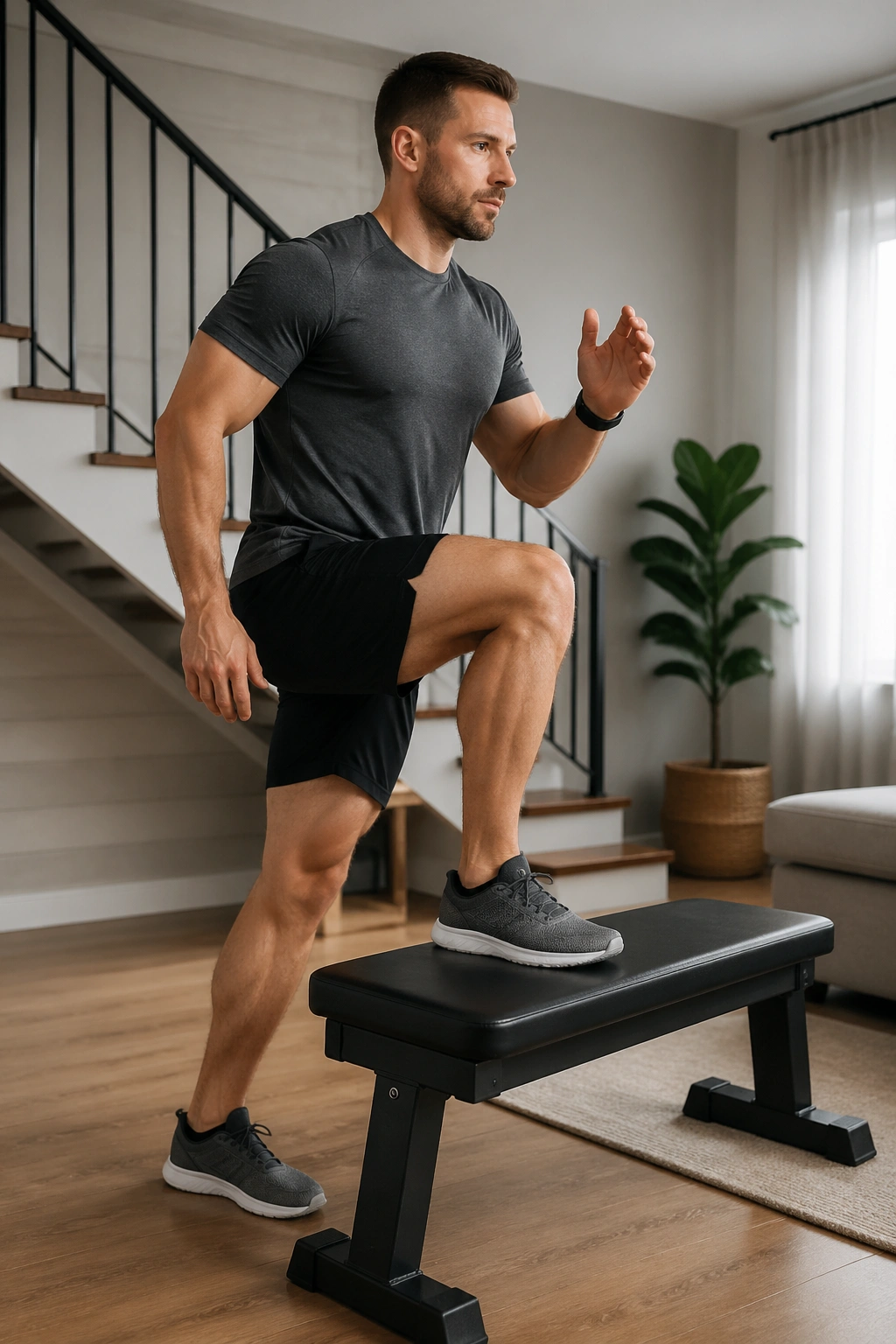 Person performing step-ups on a bench in a home setting