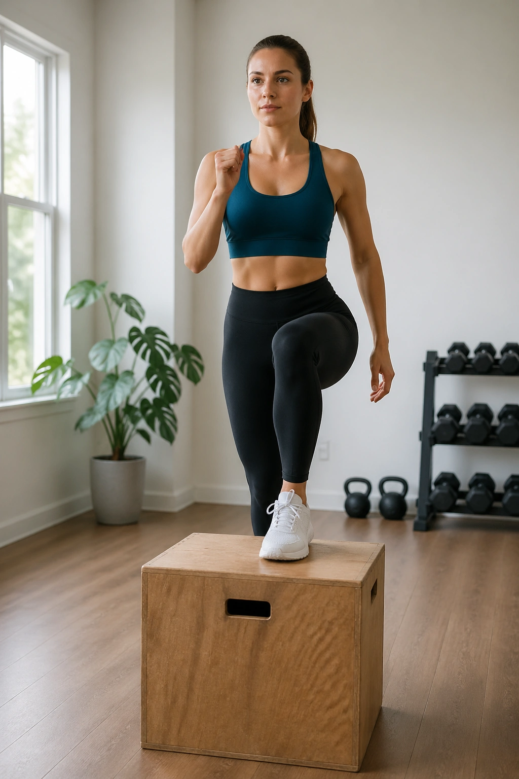 Woman performing a step-up onto a sturdy box in a bright home gym.