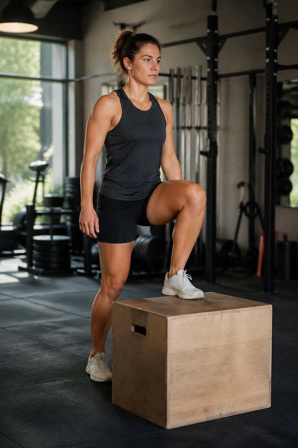 Woman performing a step-up onto a box, focusing on working leg and balance