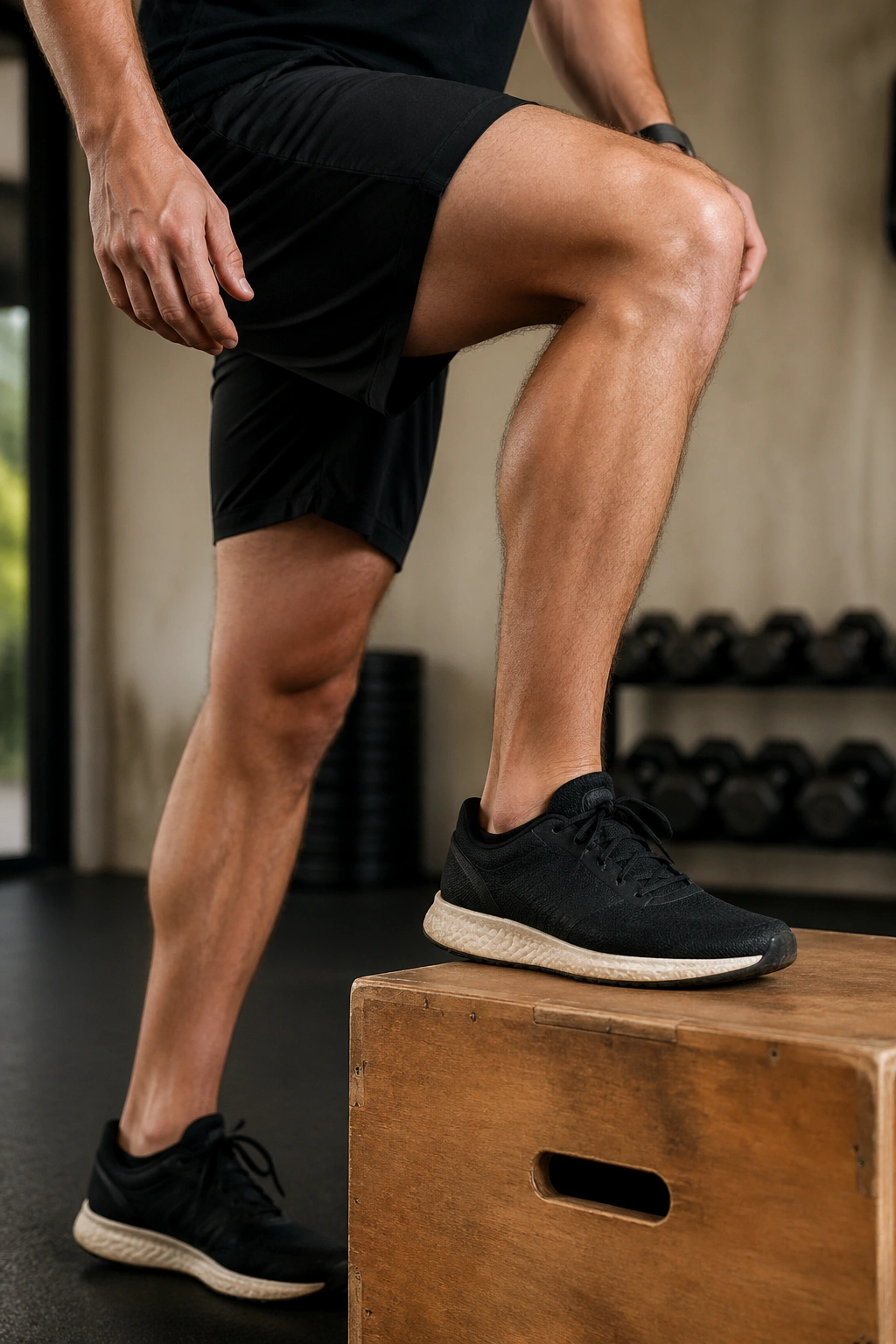 Close-up of a leg stepping onto a low box for step-ups