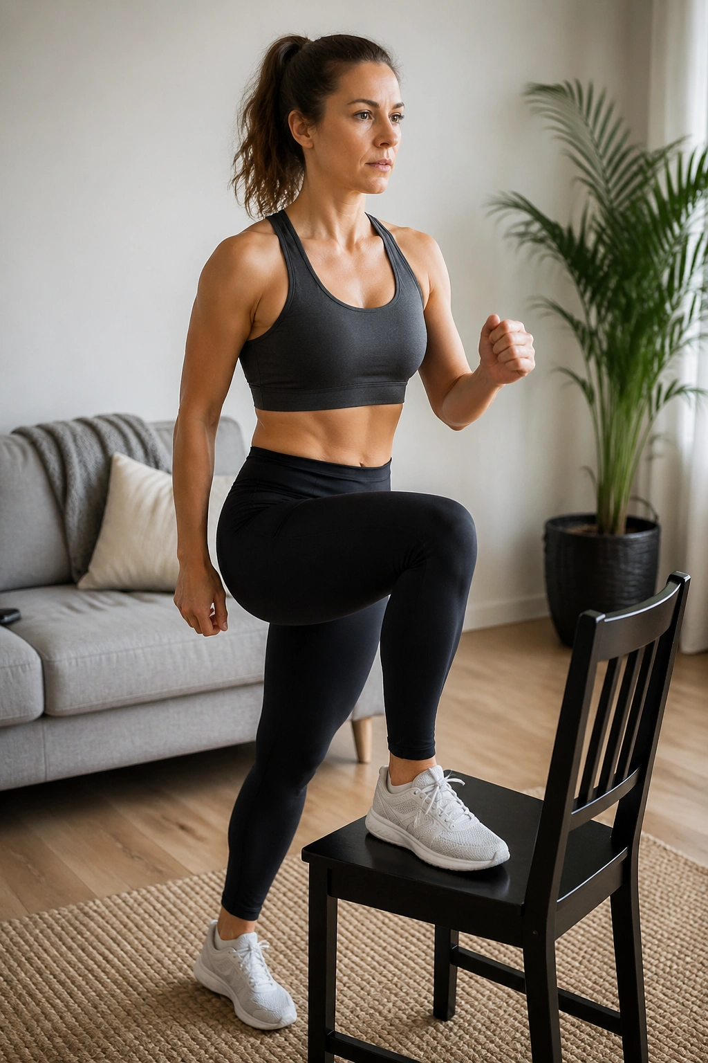 Person performing step-ups on a chair in a living room
