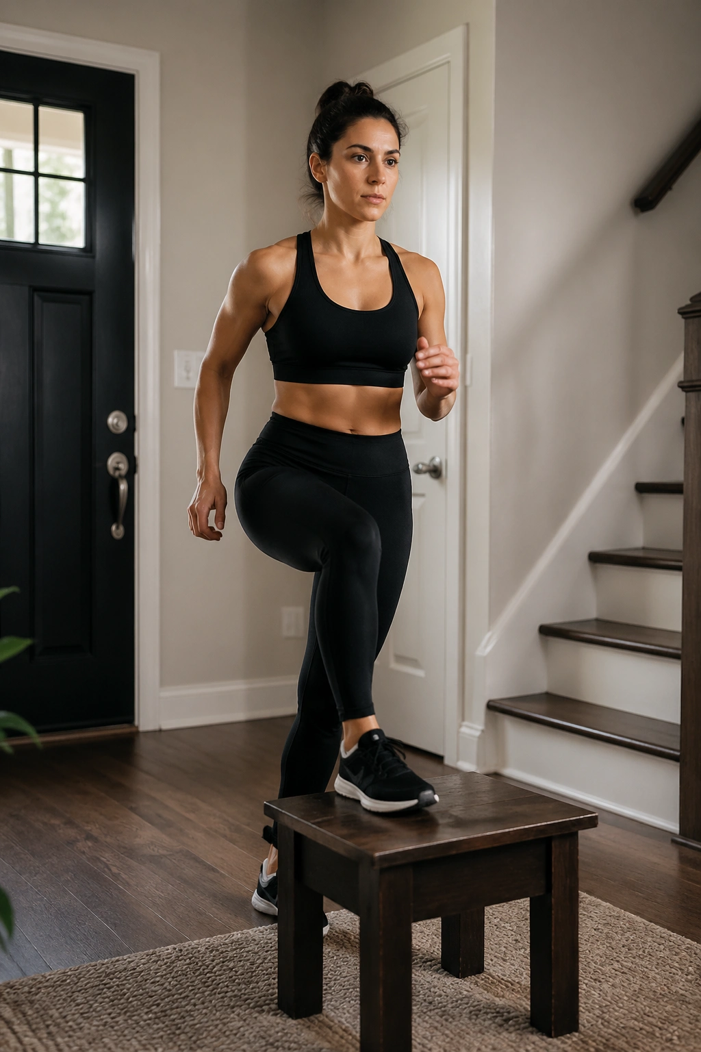 Front view of a person performing a step-up onto a low bench in a home setting
