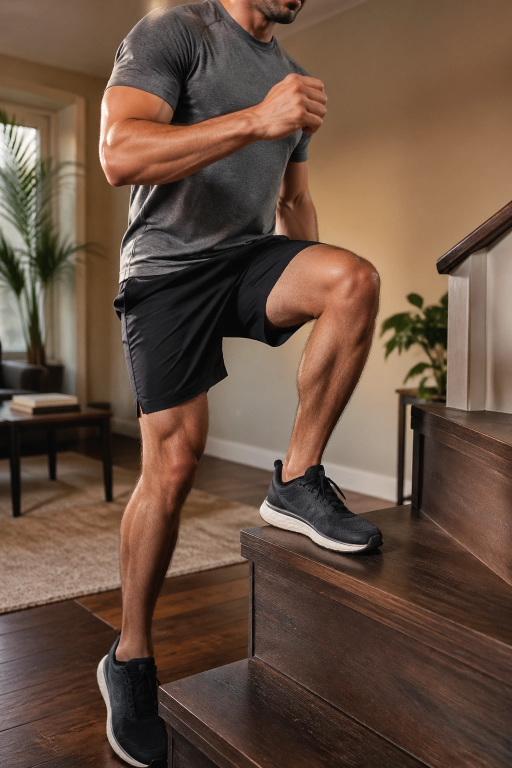 Medium-close shot of a person performing step-ups on a stair in a home environment.