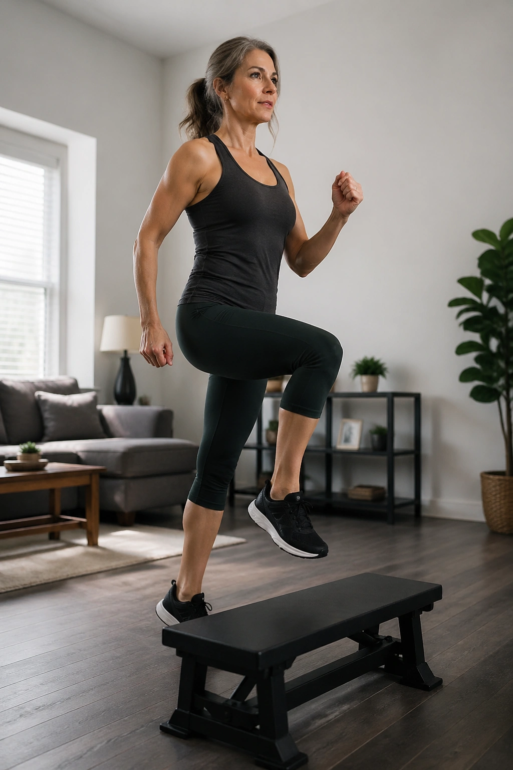 Person performing step-ups onto a low bench indoors