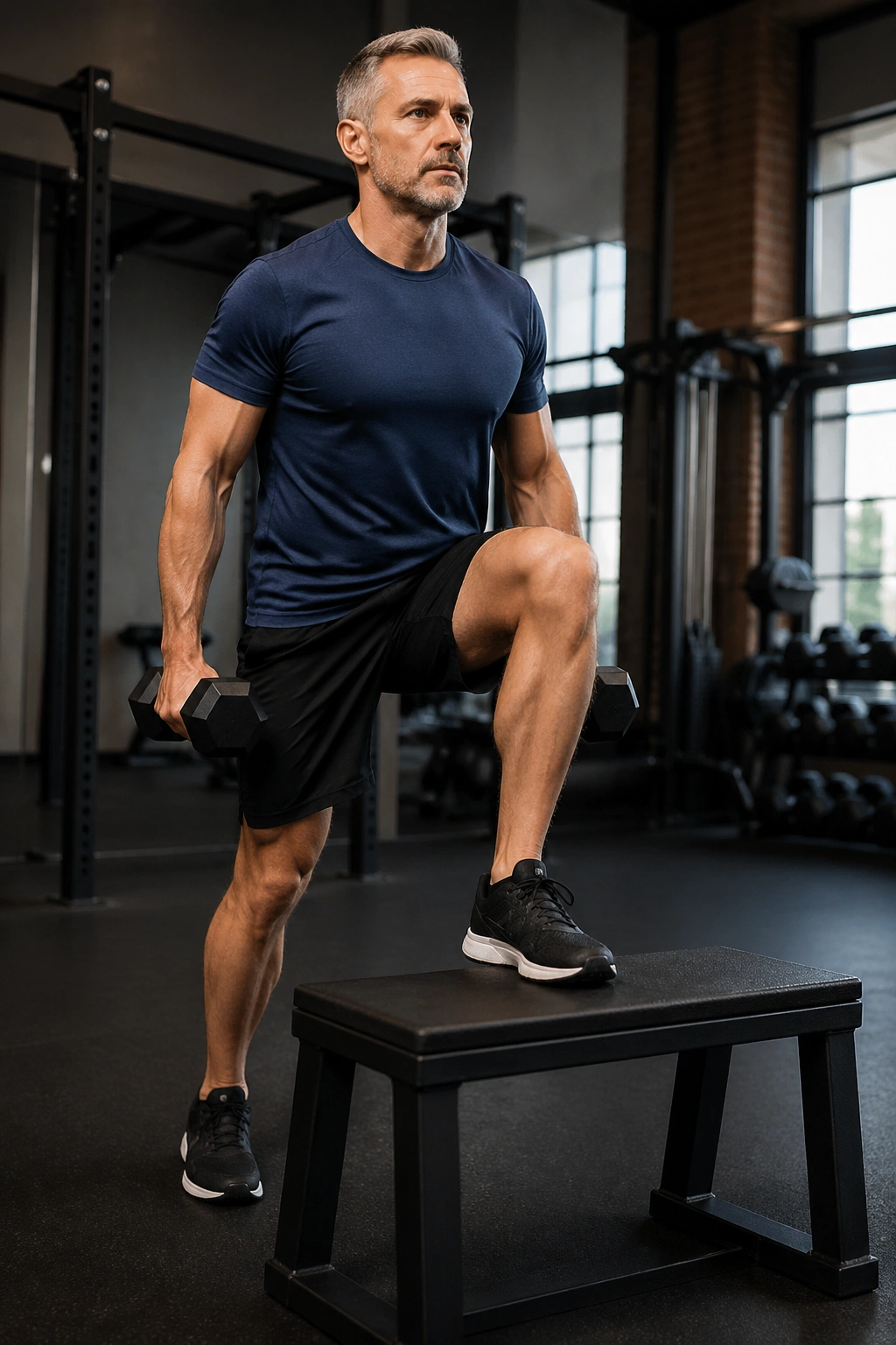 Mid-shot of a person performing step-ups on a bench in a gym