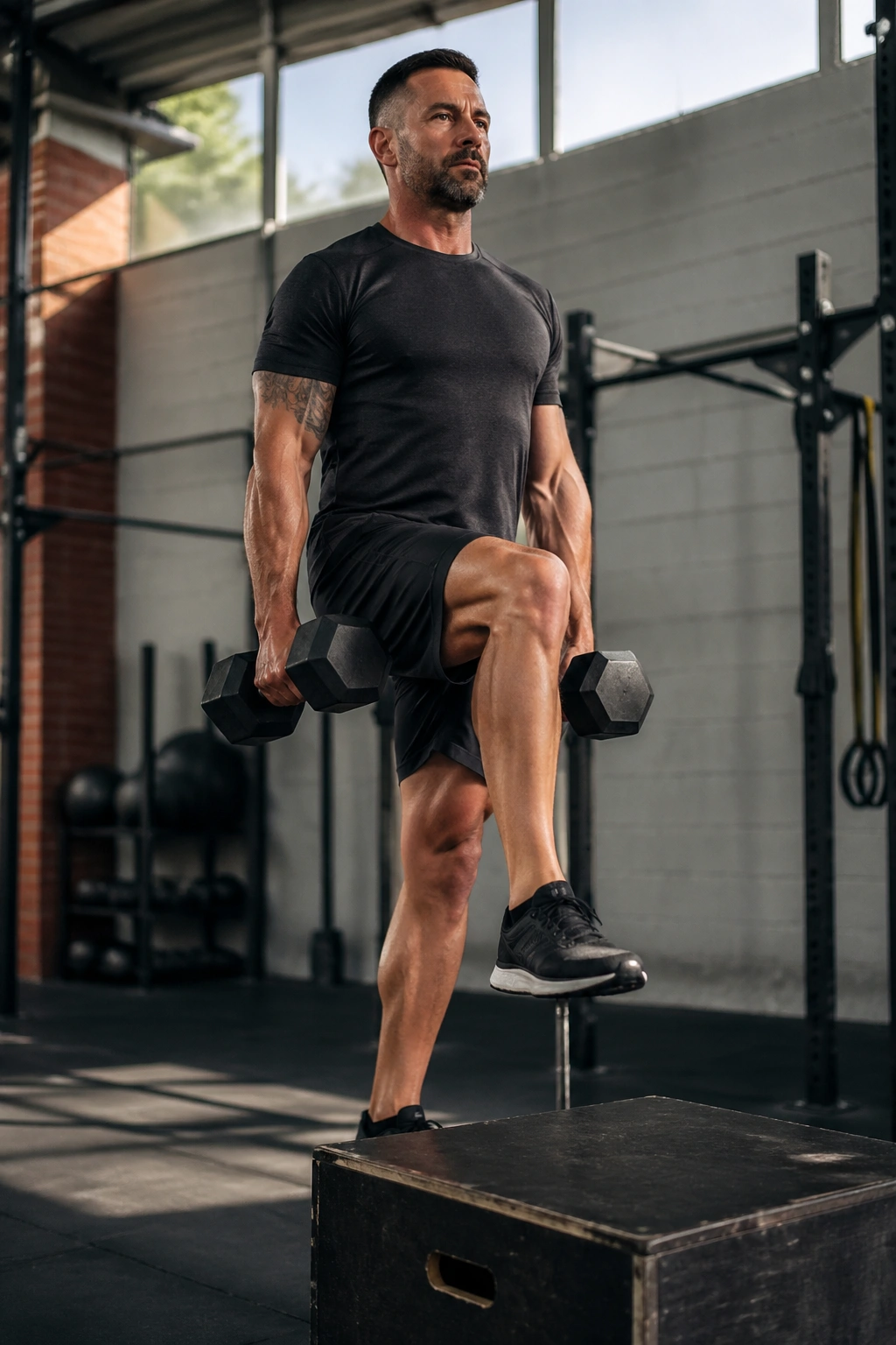 Real person performing dumbbell step-ups on a gym box