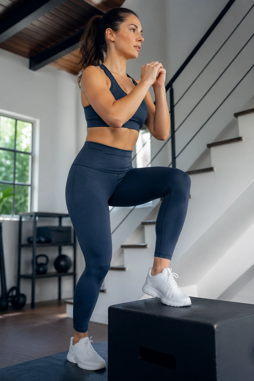 Mid-shot of a person performing a step-up onto a low box indoors or outdoors