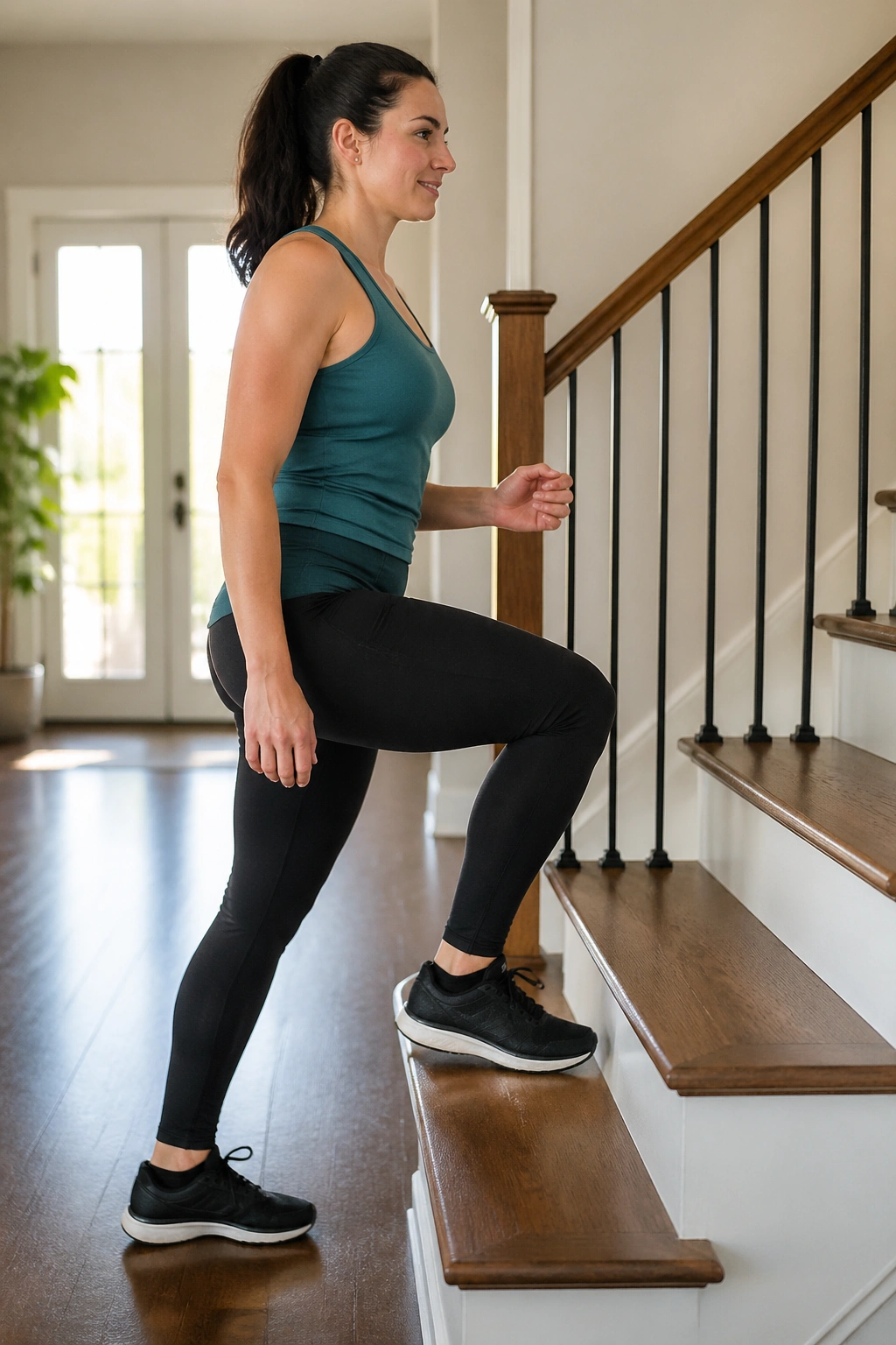 Person performing step-ups on a stair in a bright home