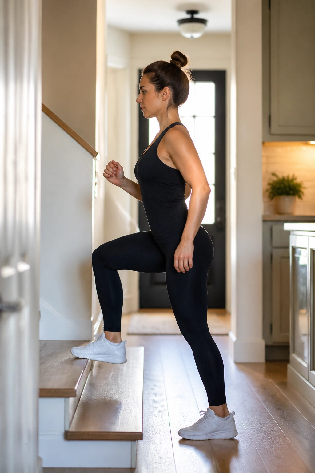 Person performing step-ups onto a low stair in a home setting