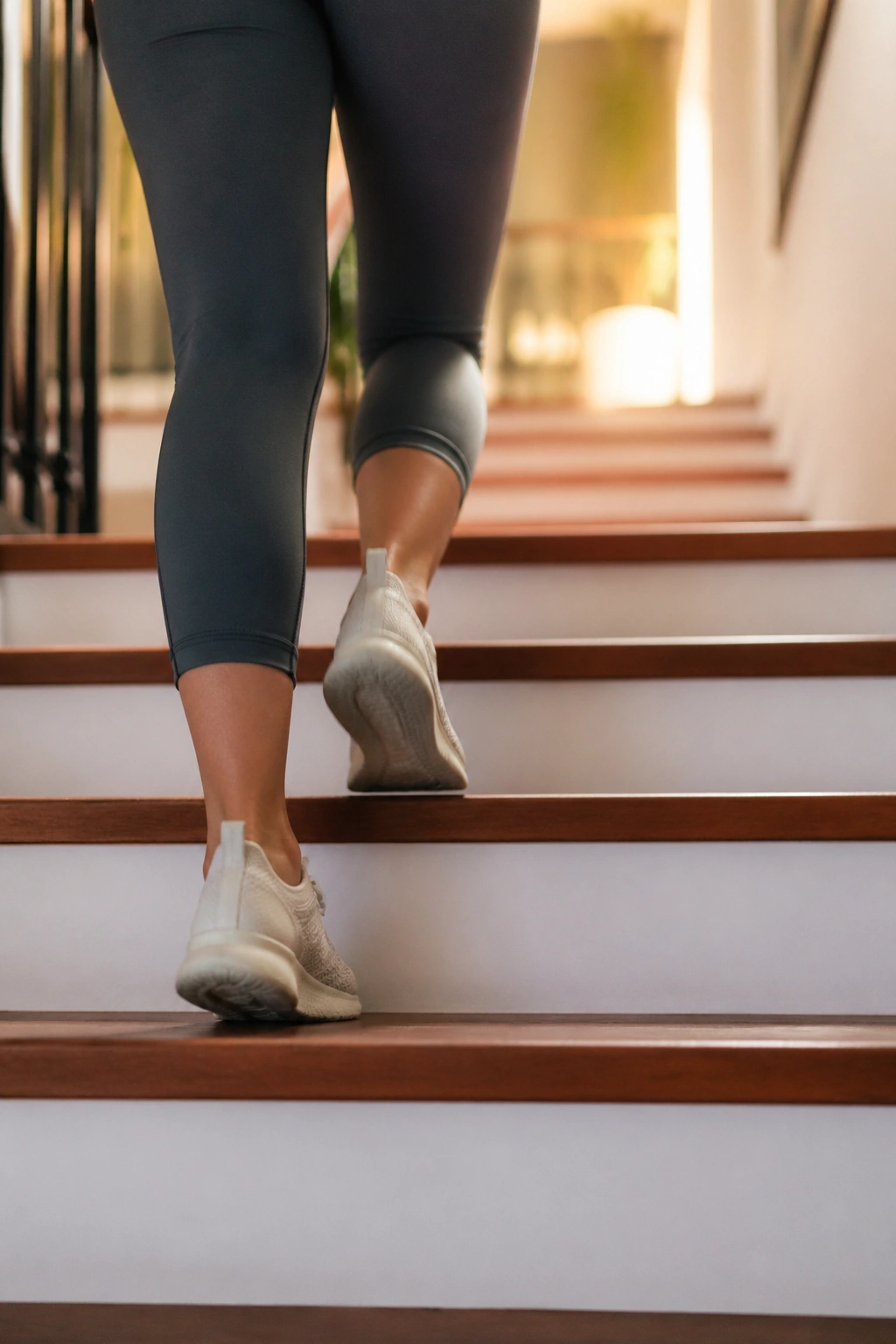 Feet and legs stepping on bright indoor stairs