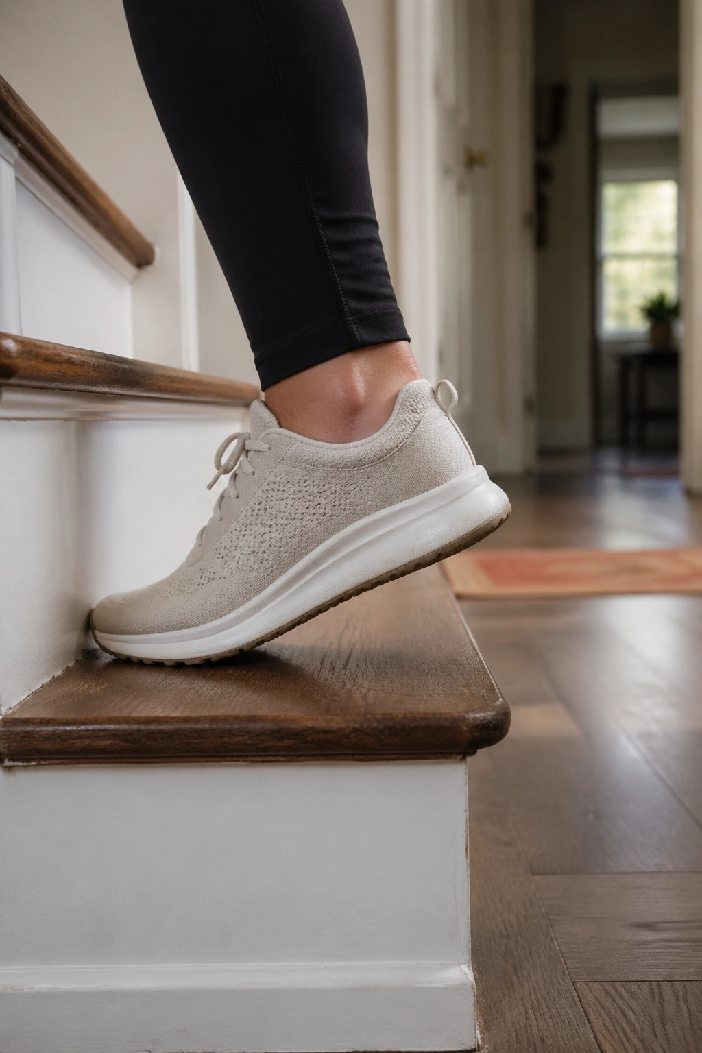 Close-up of sneaker on a staircase step in a home interior