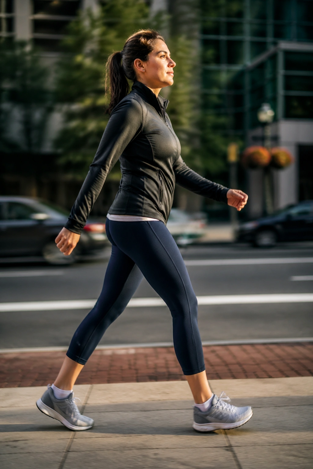Person walking briskly on city sidewalk to boost daily steps