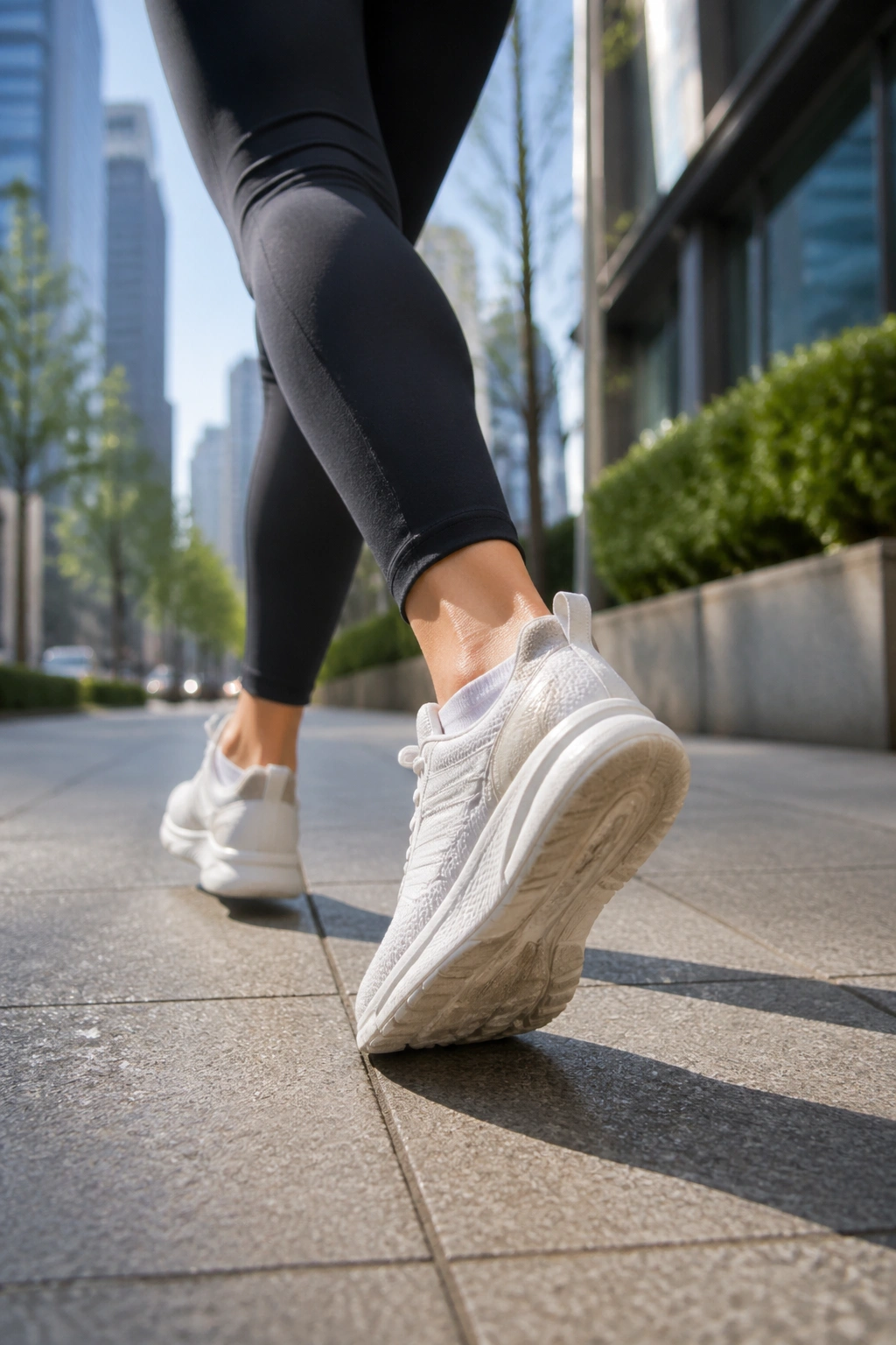 Legs and feet mid-step while walking outdoors