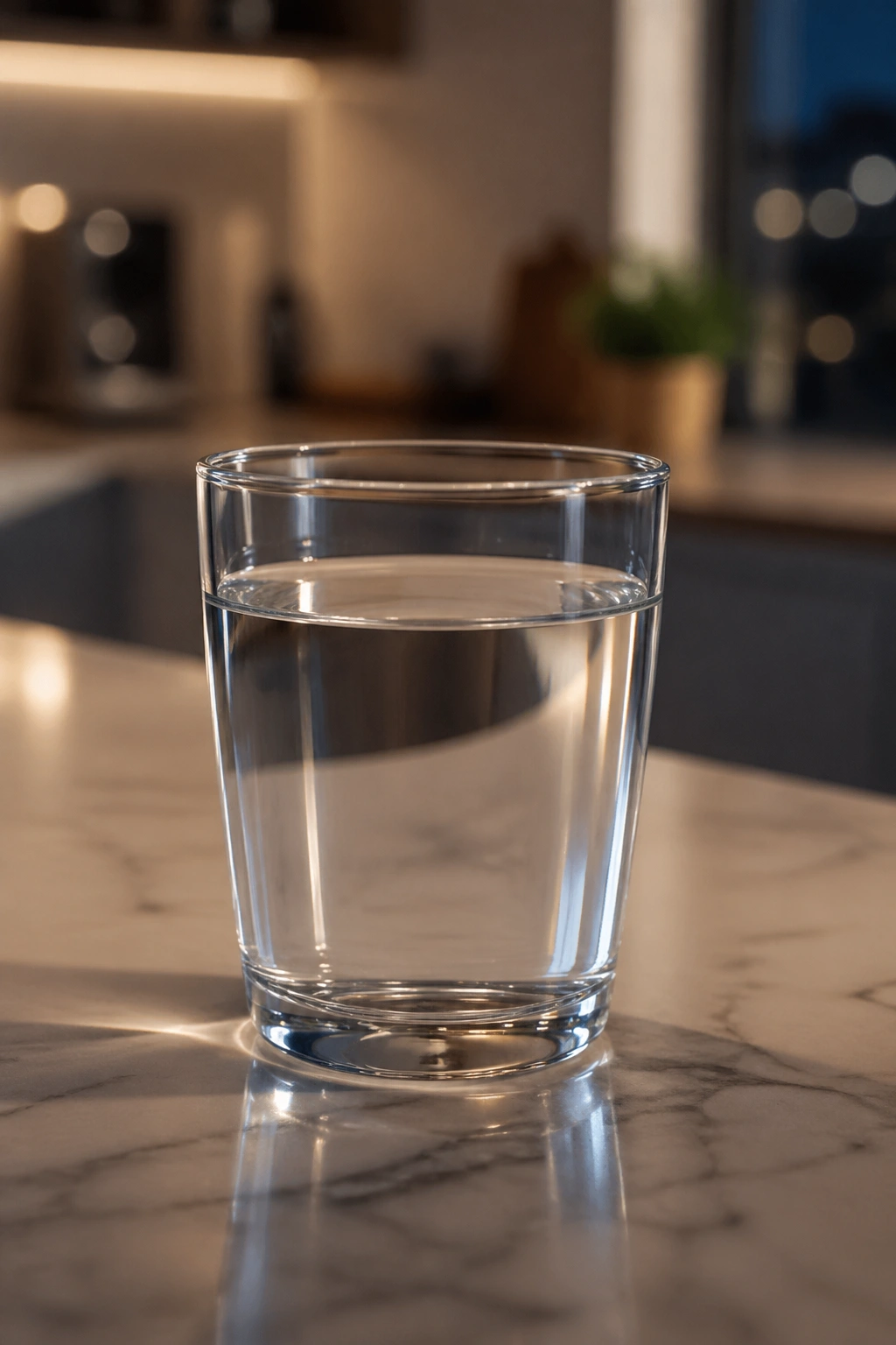 Close-up of a glass of still water on a kitchen counter with soft evening light