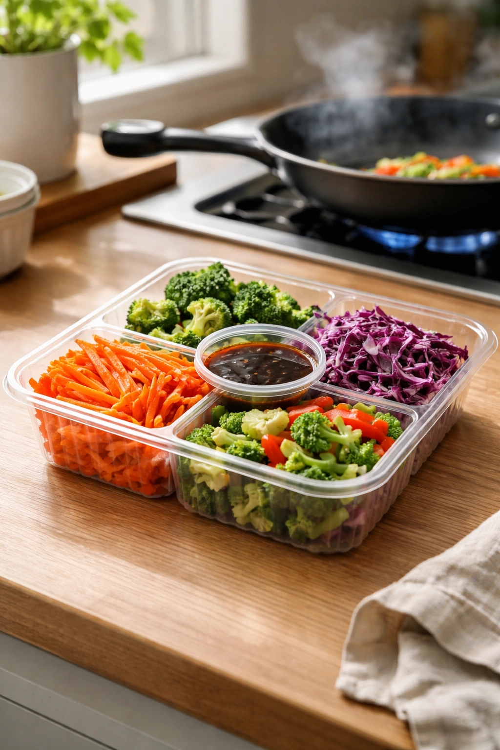 Close-up of a stir-fry kit container with vegetables and sauce on a kitchen counter.