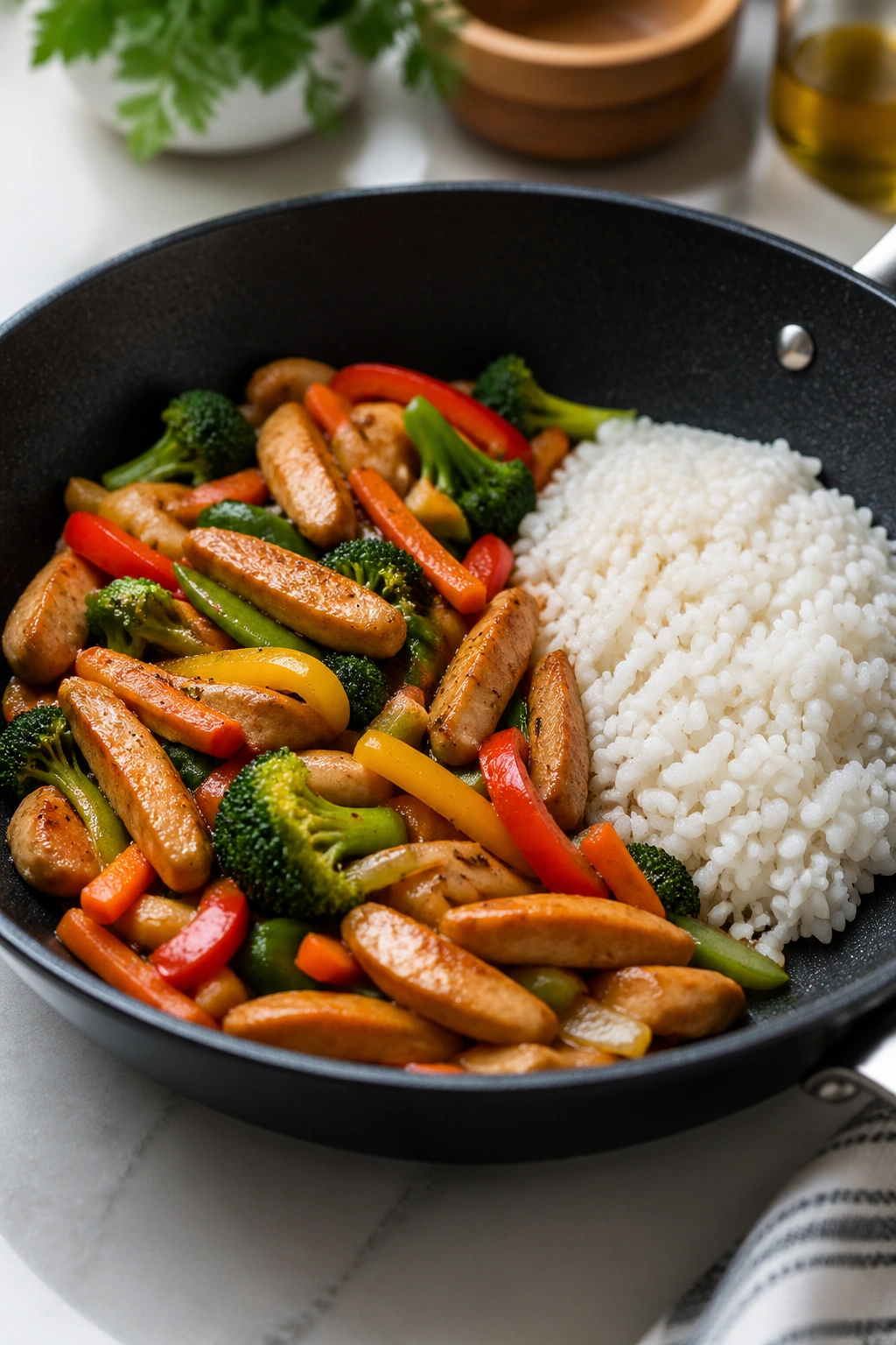 Stir-fry with measured rice in a skillet with rice on the side